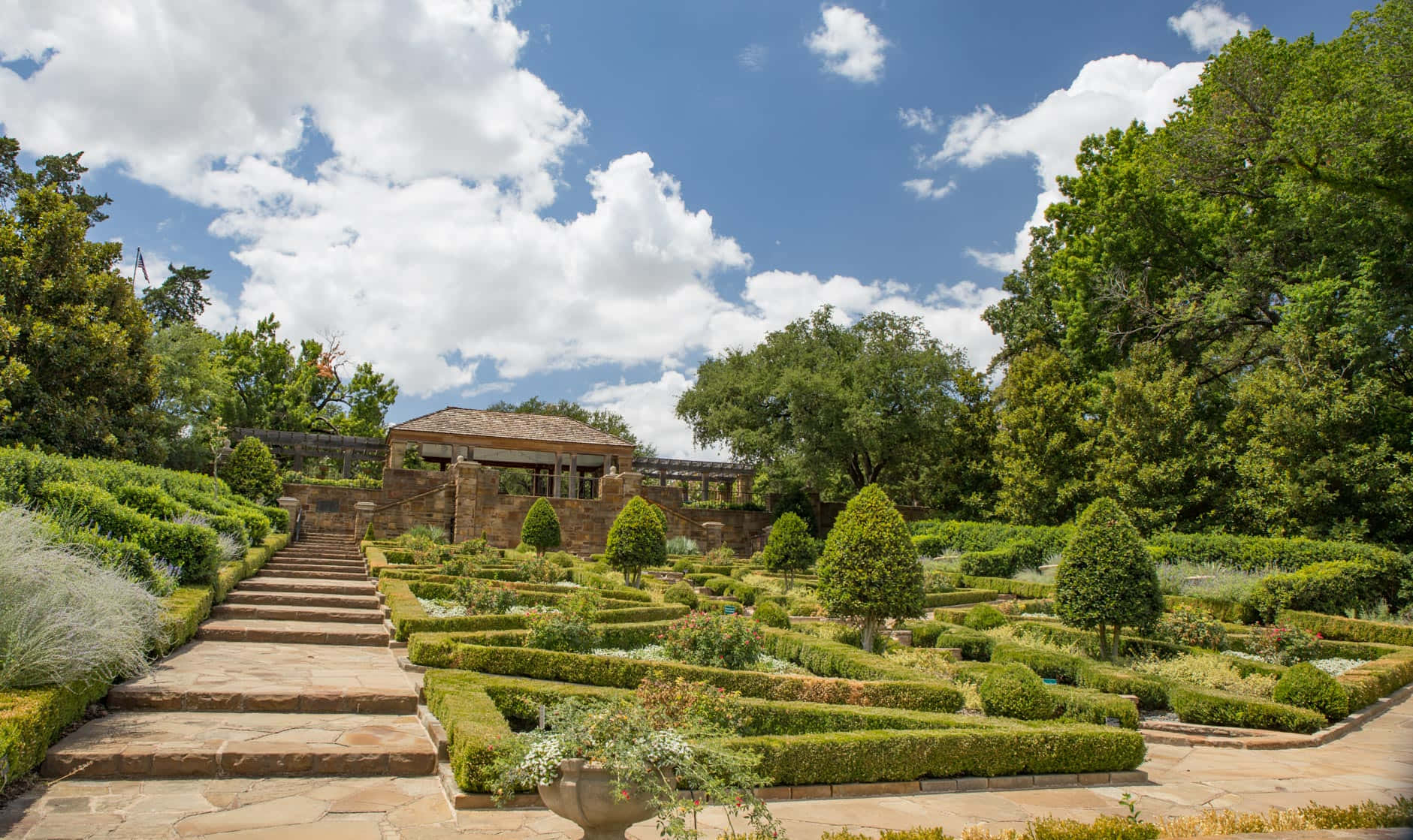 Botanical Garden, sunlit formal garden, stone pathways, HD Desktop Wallpaper
