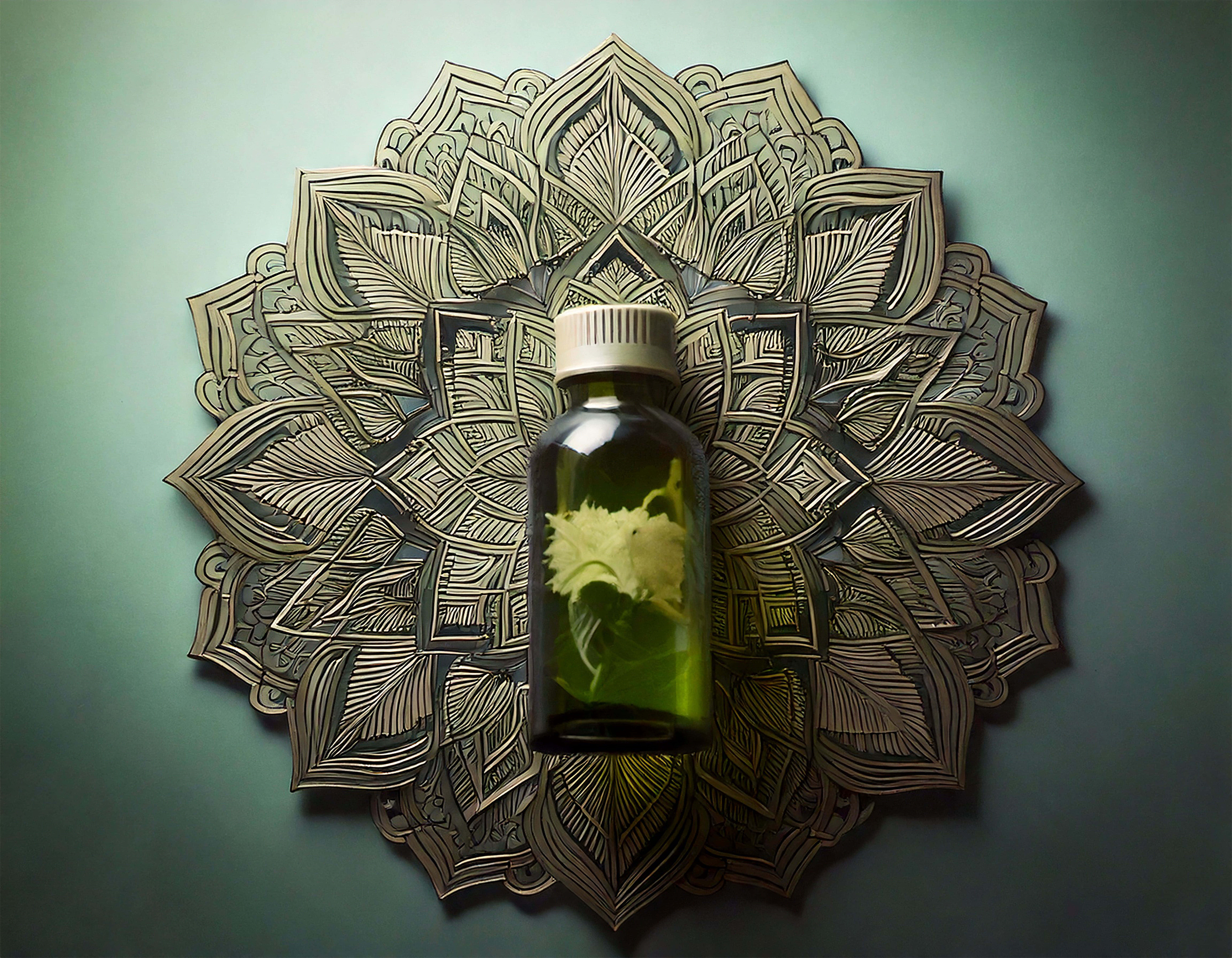 Herbal Vial, glass bottle, white cap, 8K Desktop Wallpaper