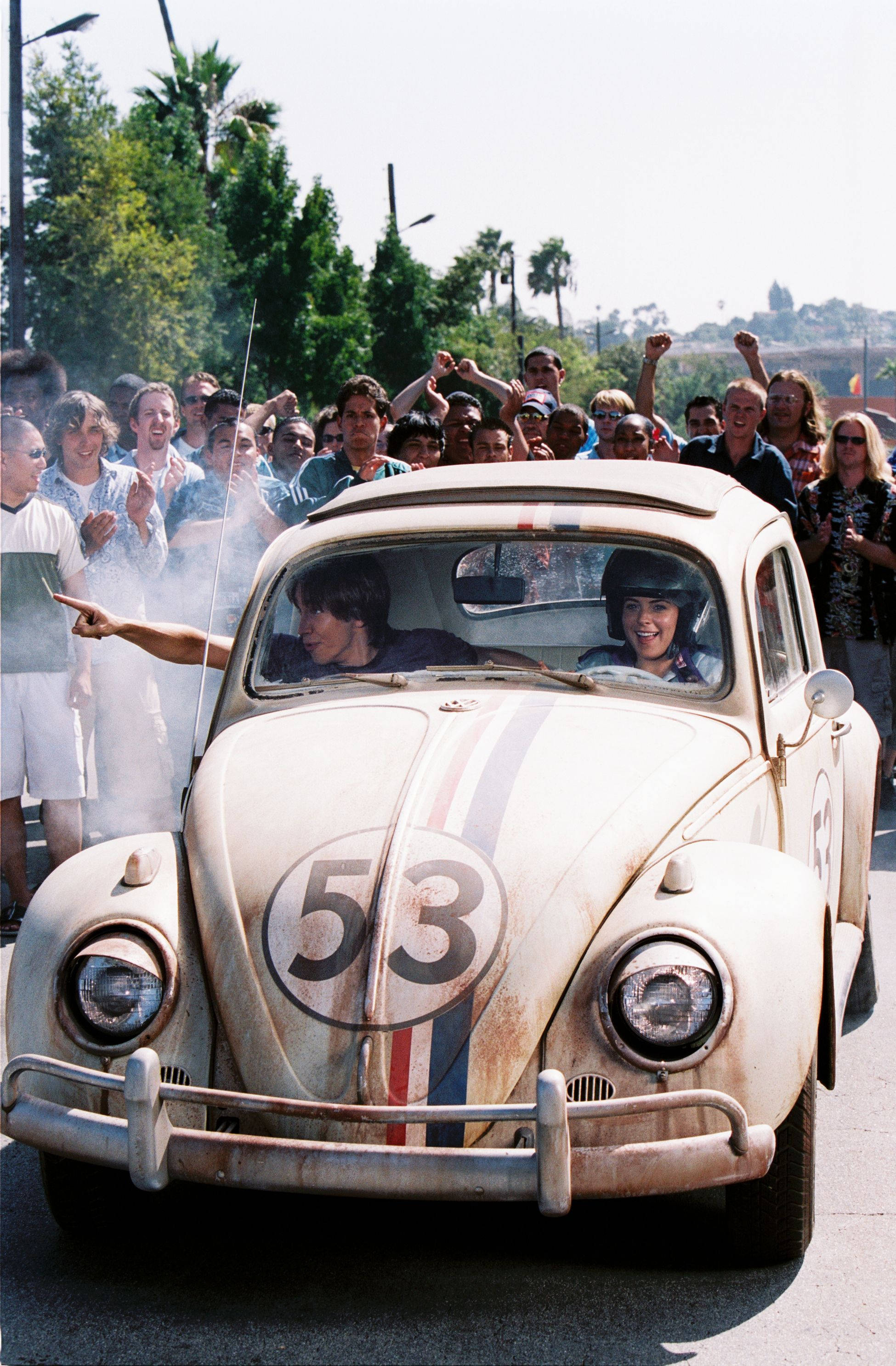 Herbie Fully Loaded, vintage white Volkswagen Beetle, number 53, 2K Phone Wallpaper