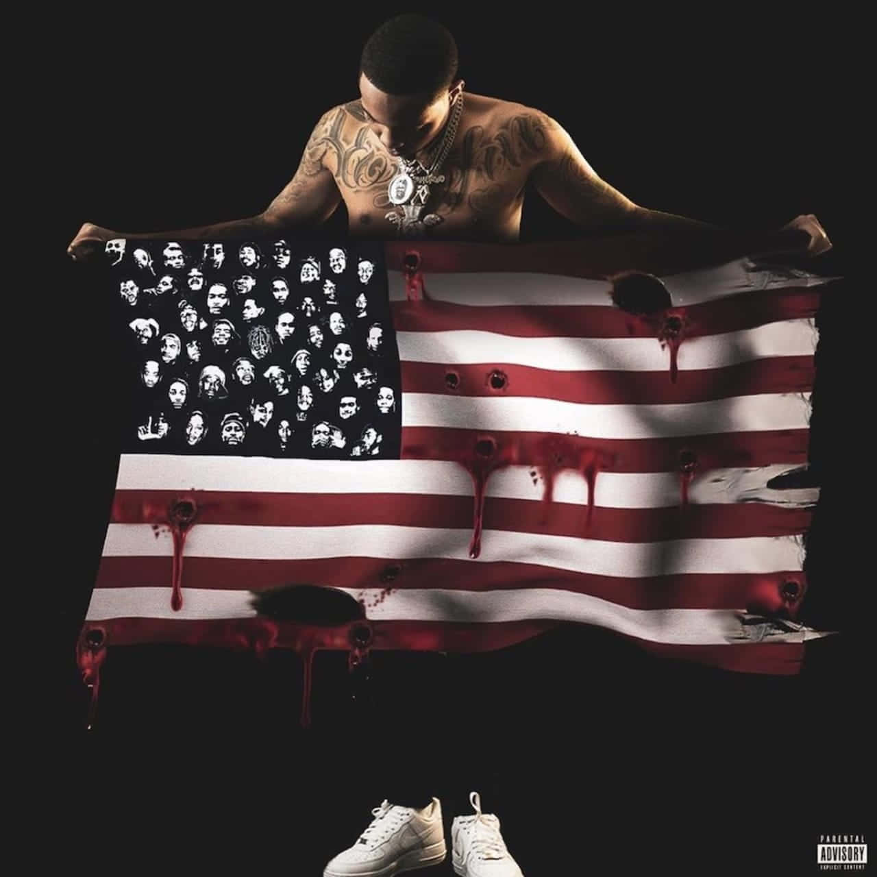 Herbo iPhone, tattooed man, bloodied American flag, HD Desktop Wallpaper