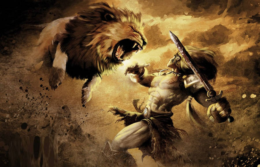 Hercules, lion, sword, SD Desktop Wallpaper