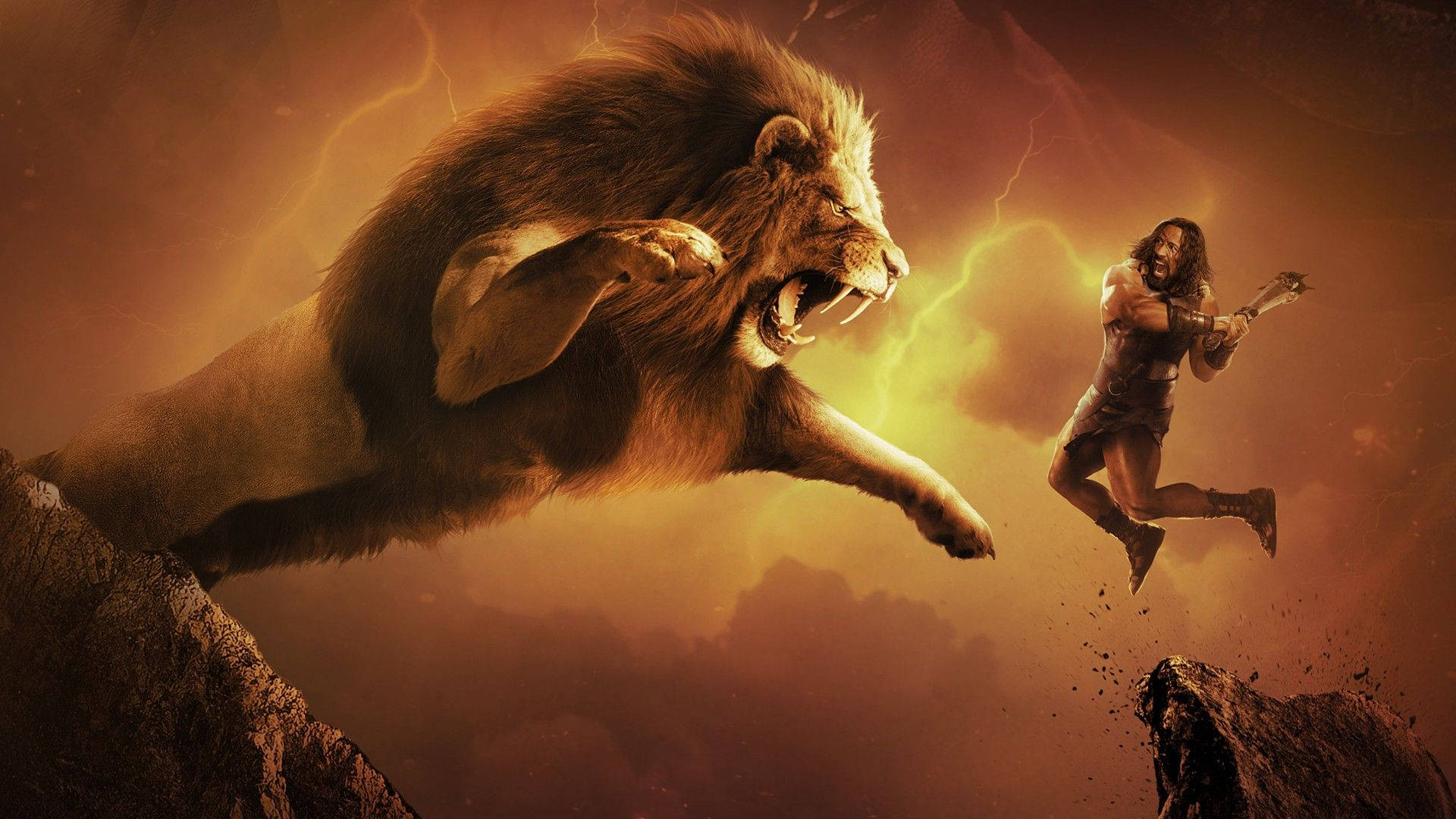 Hercules, lion, chasm, Full HD Desktop Wallpaper