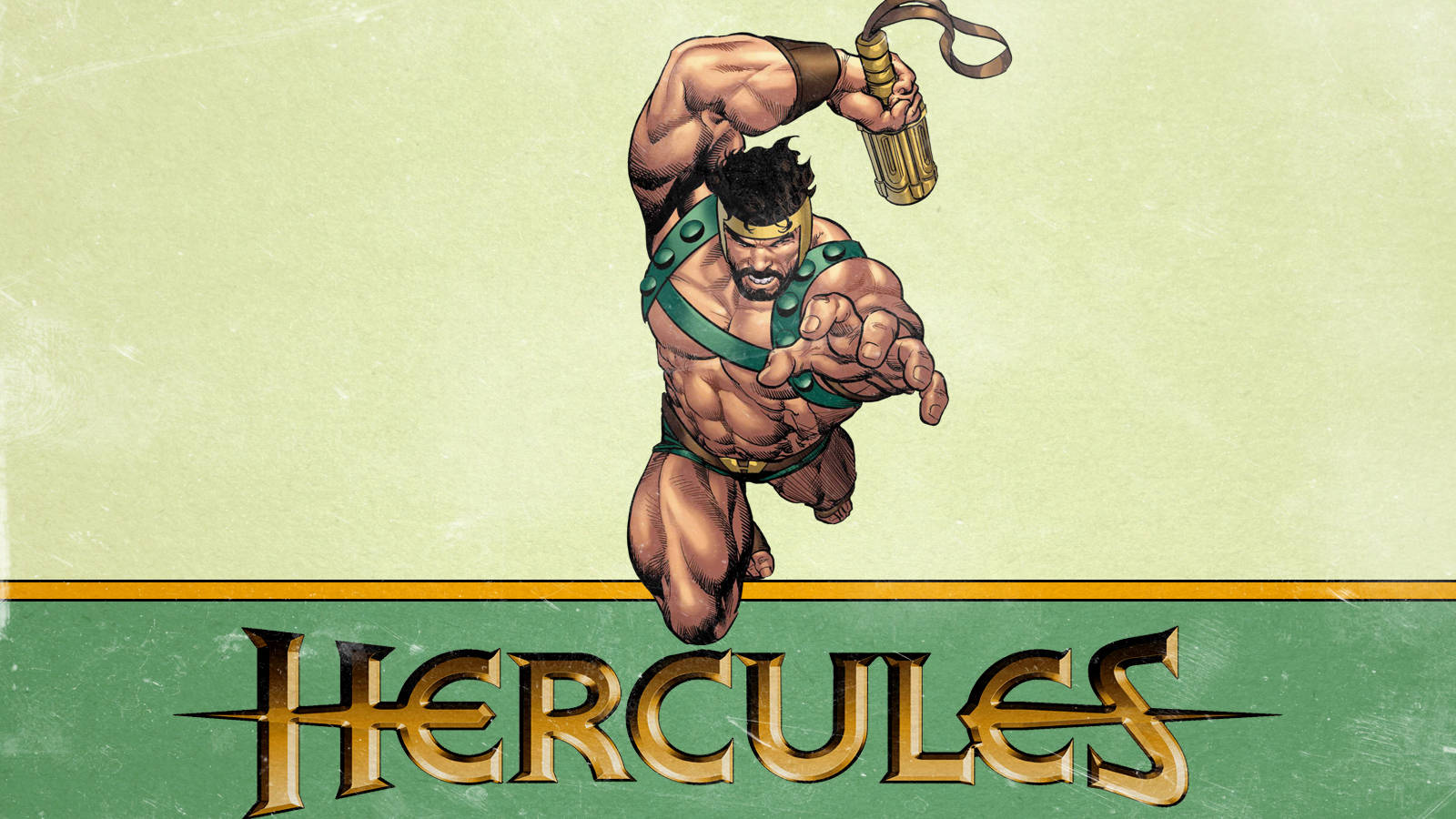 Hercules, golden club, textured green background, HD Desktop Wallpaper