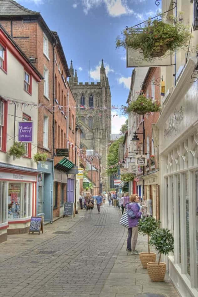 Hereford United Kingdom, cobblestone street, colorful shops, SD Phone Wallpaper