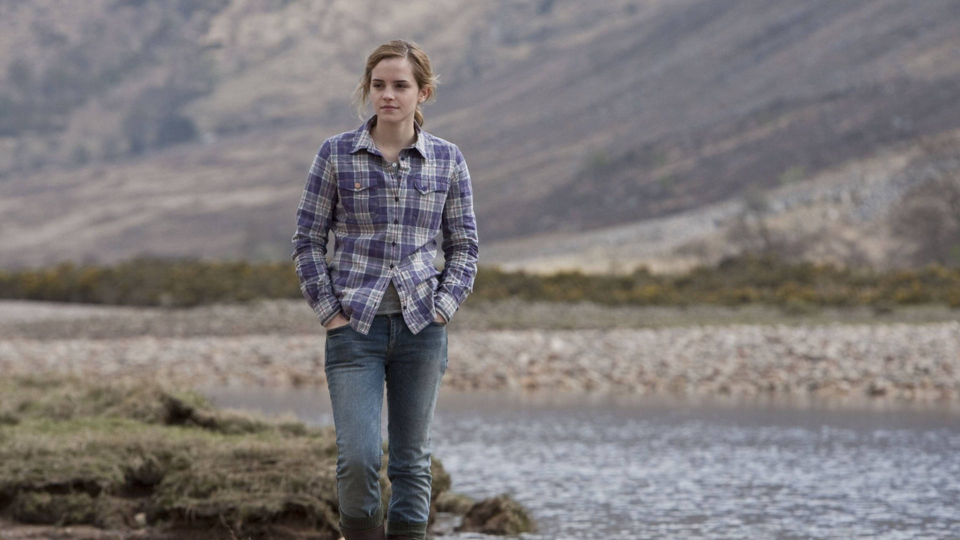 Hermione Granger, plaid shirt, river, Full HD Desktop Wallpaper