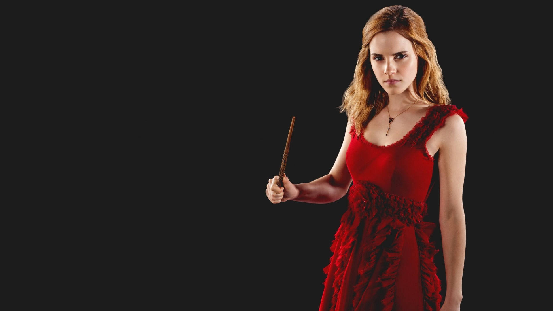 Hermione Granger, red dress, wand, Full HD Desktop Wallpaper