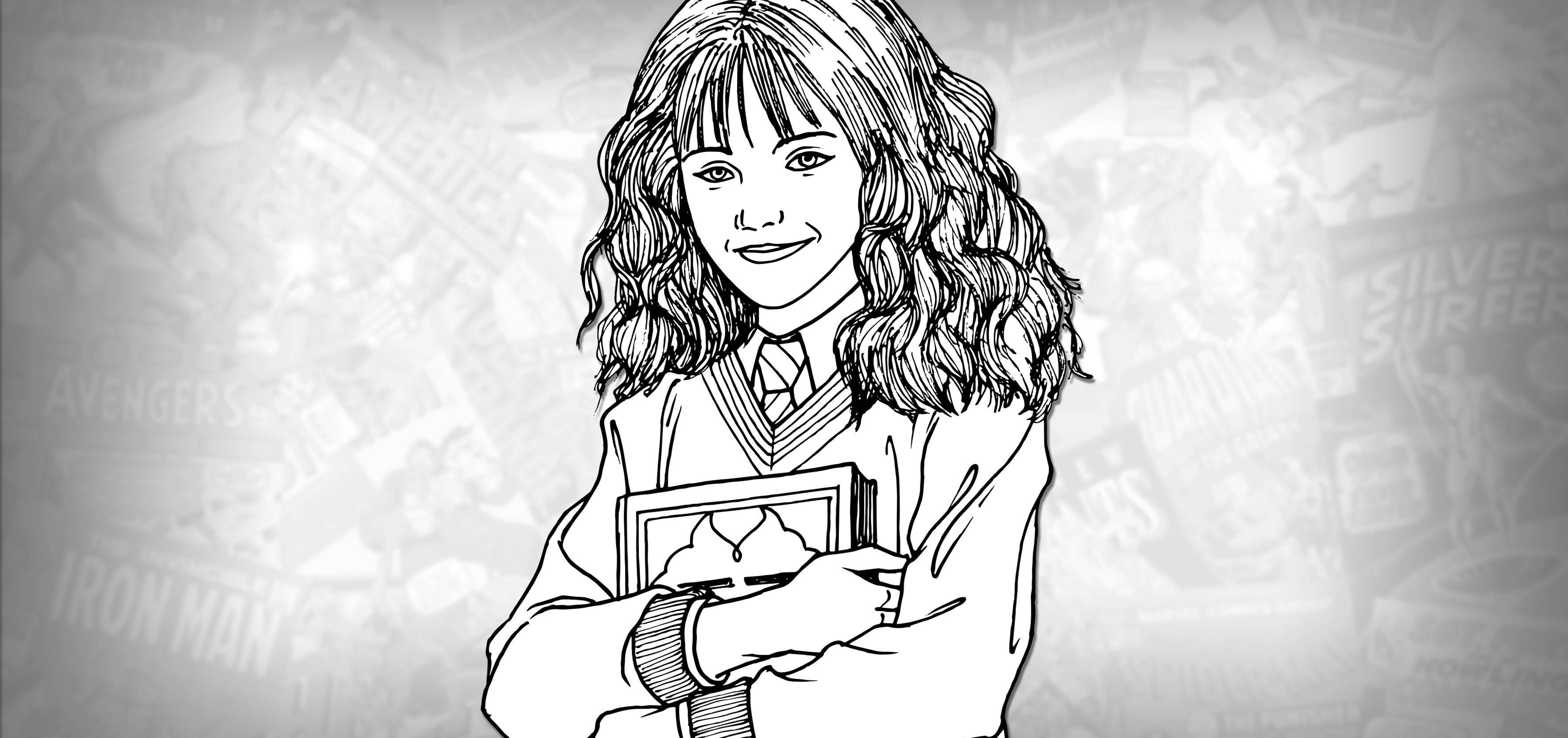 Hermione Granger, black and white line art, school uniform, 2K Desktop Wallpaper