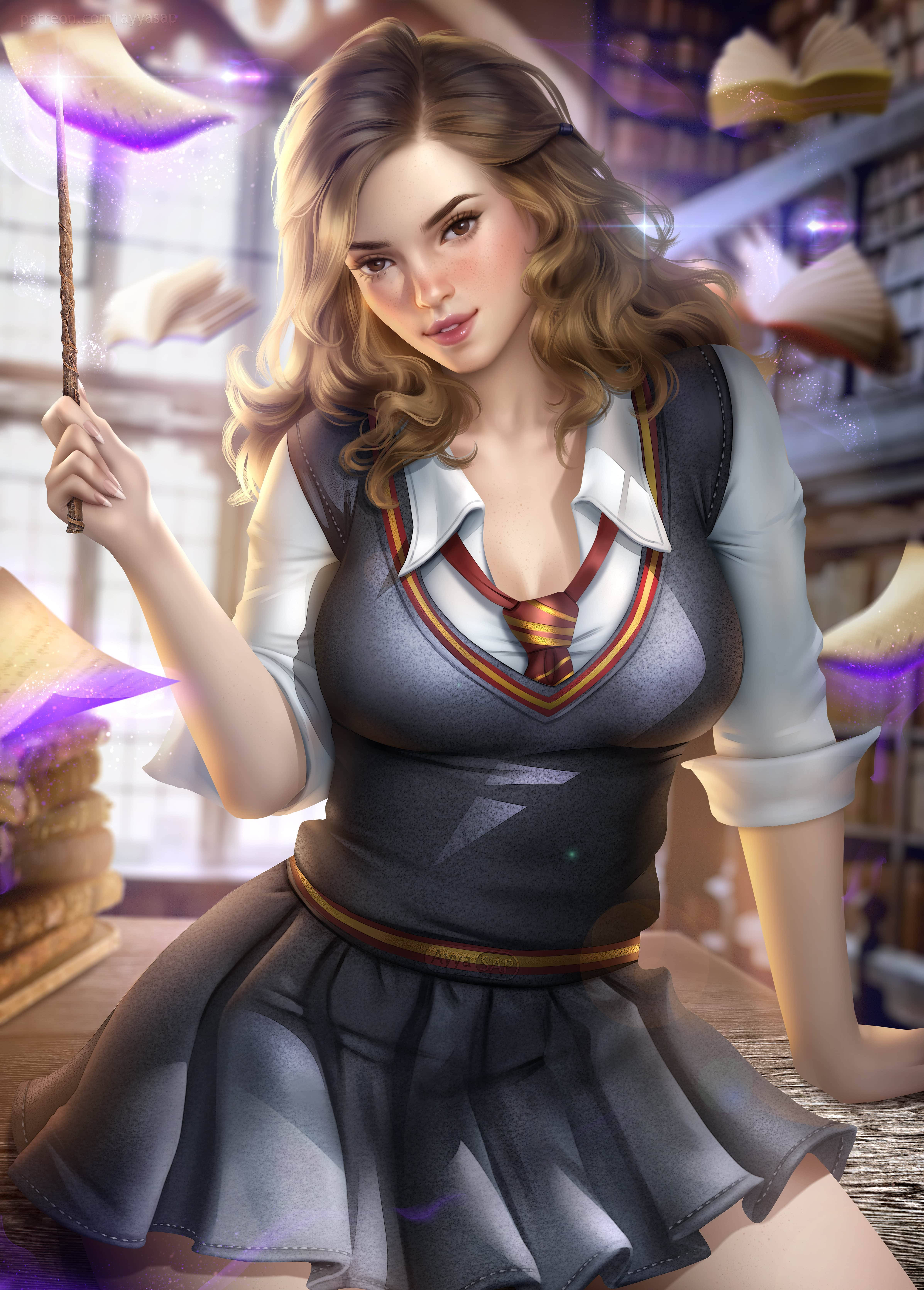 Hermione Granger, school uniform, glowing wand, 5K Phone Wallpaper
