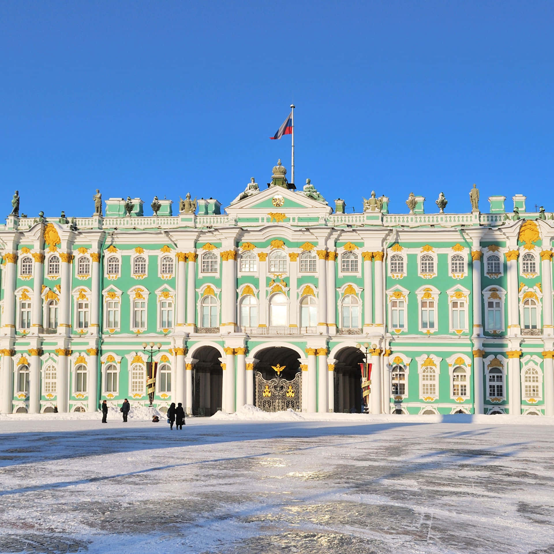 Hermitage Museum, green and gold palace, clear blue sky, Full HD Desktop Wallpaper