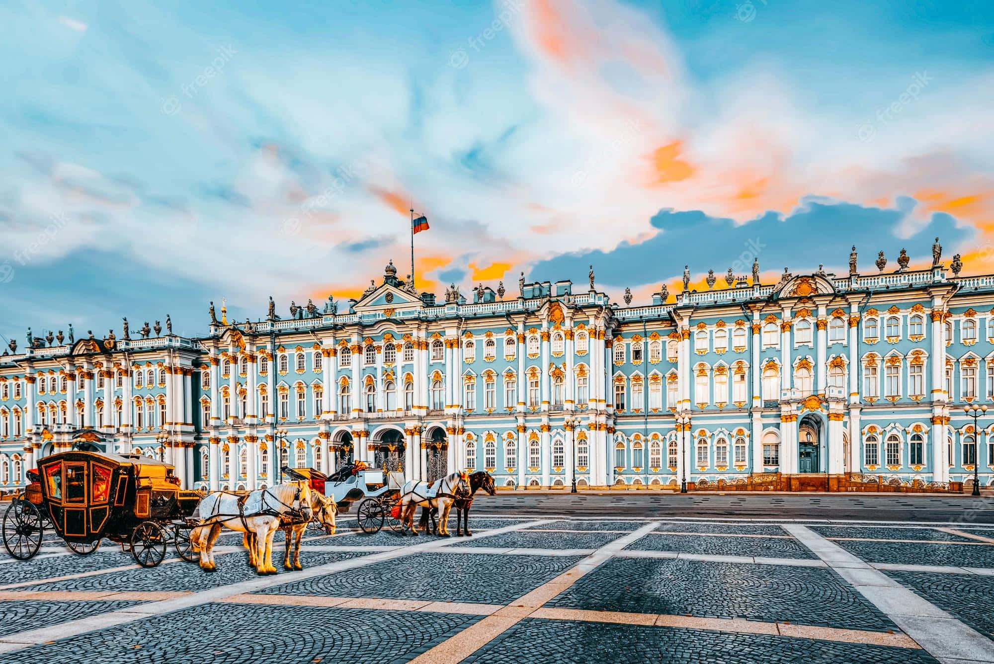 Hermitage Museum, chariots, light blue palace, Full HD Desktop Wallpaper
