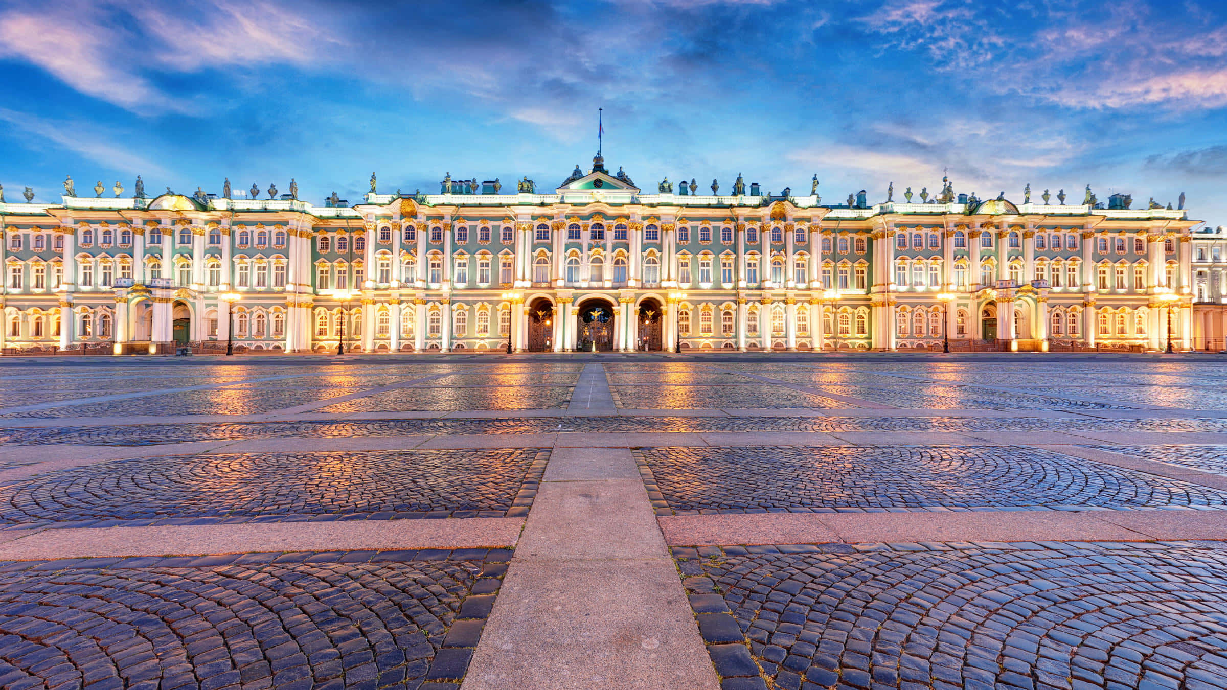 Hermitage Museum, dusk, golden lights, Full HD Desktop Wallpaper