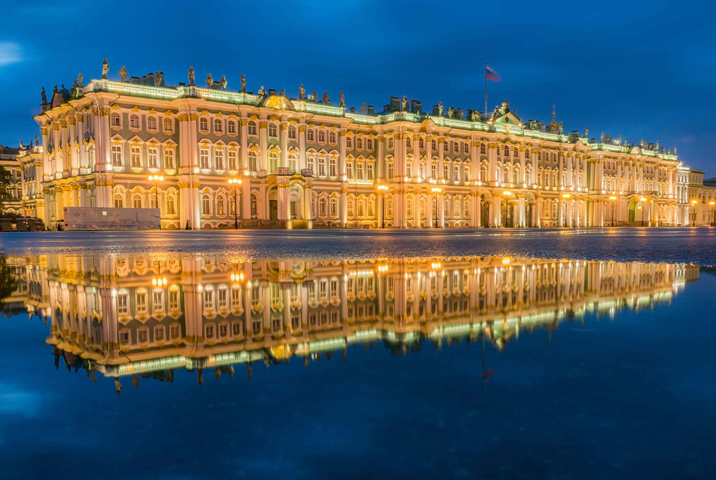 Hermitage Museum, golden lights, twilight sky, HD Desktop Wallpaper