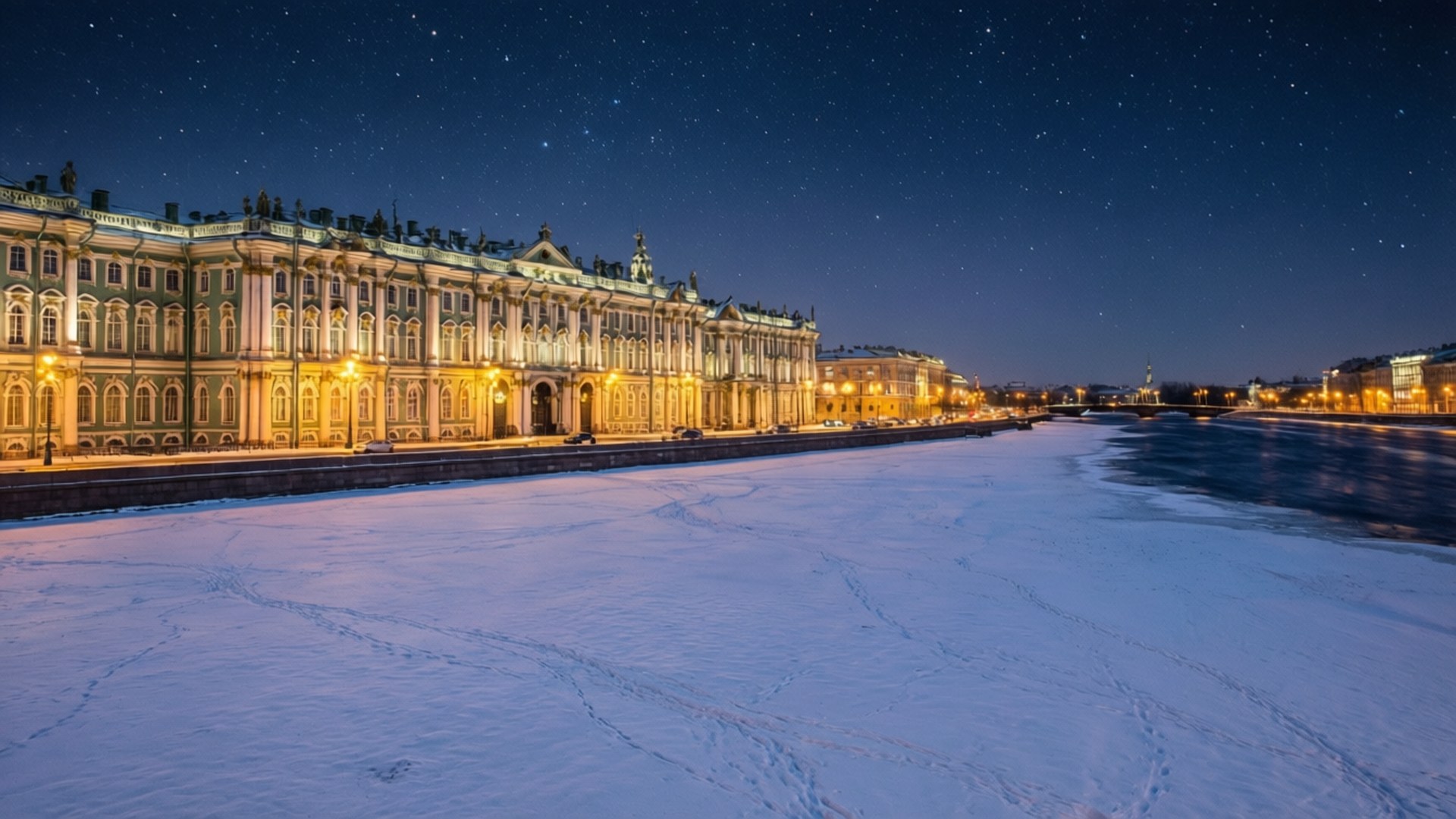 Hermitage Museum, neoclassical palace, starry winter night sky, Full HD Desktop Wallpaper