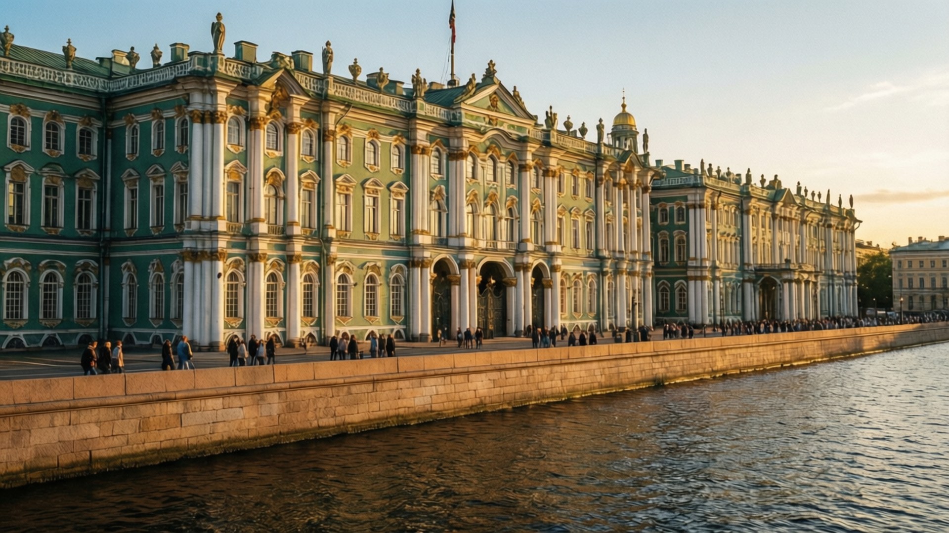 Hermitage Museum, golden sunset, teal and white baroque palace, Full HD Desktop Wallpaper