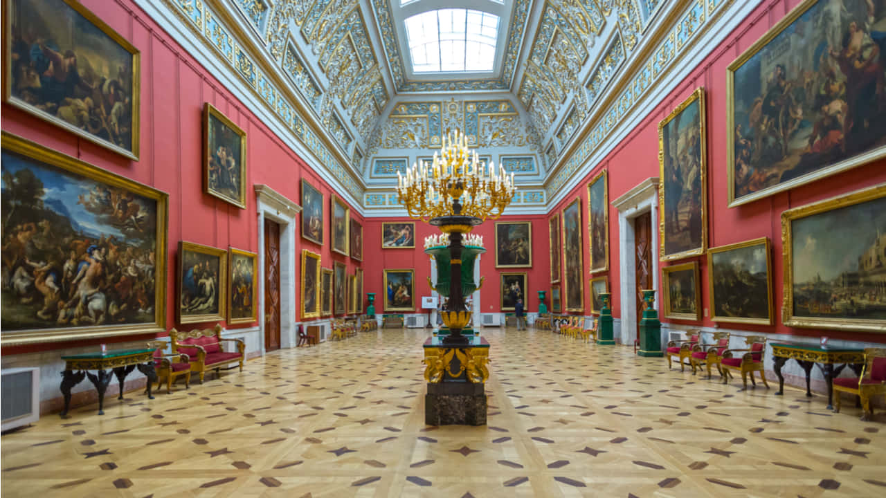 Hermitage Museum, pink walls, gold-framed paintings, HD Desktop Wallpaper