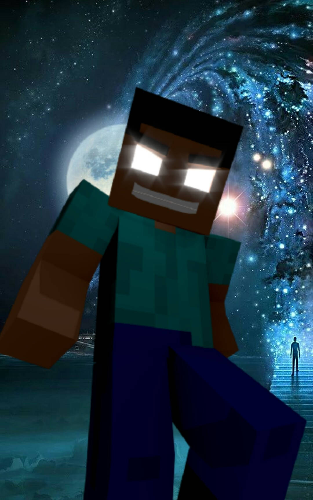 Herobrine, full moon, cosmic vortex, HD Phone Wallpaper