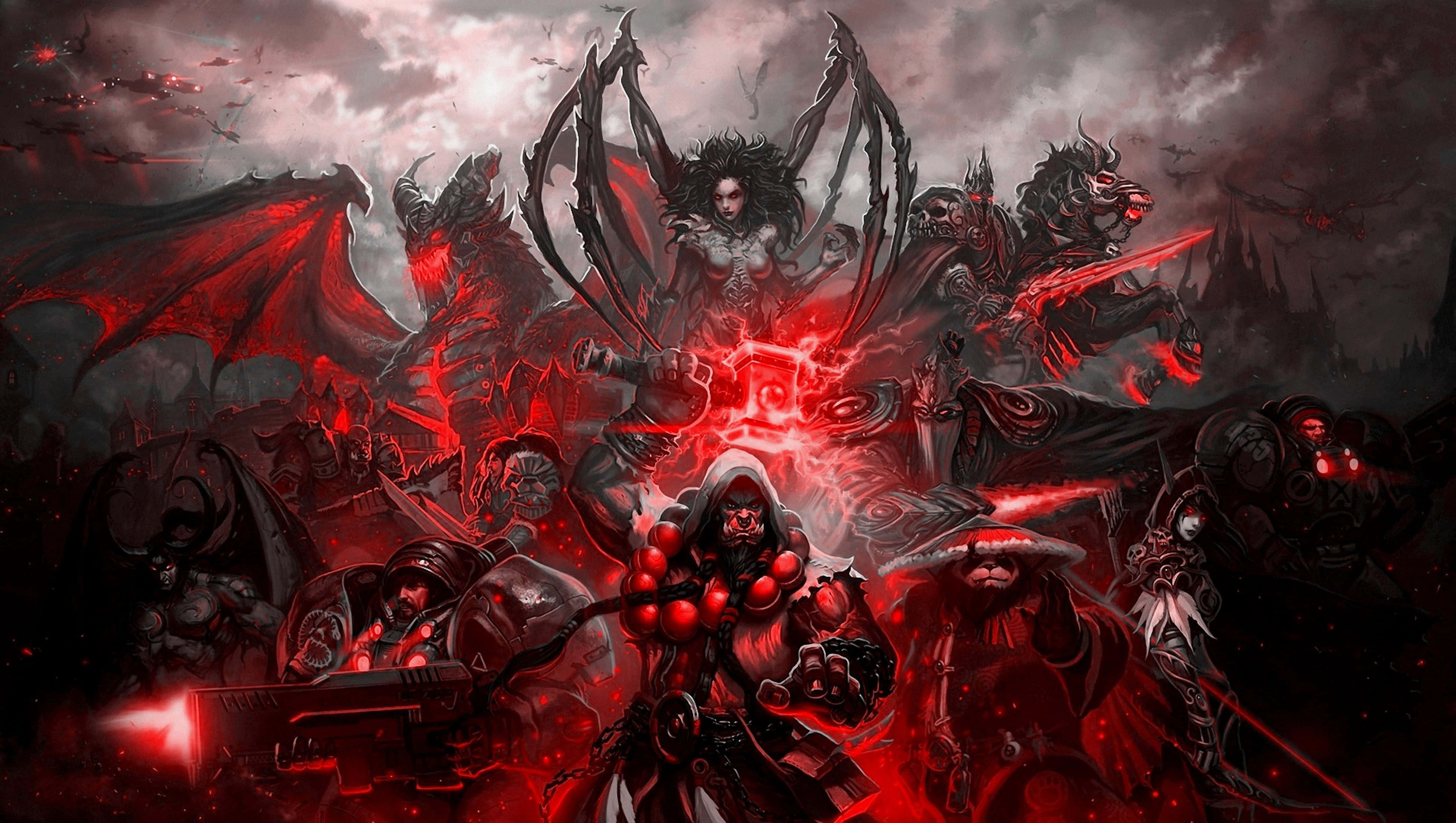 demonic warlord, glowing red eyes, spiked armor, 4K Desktop Wallpaper