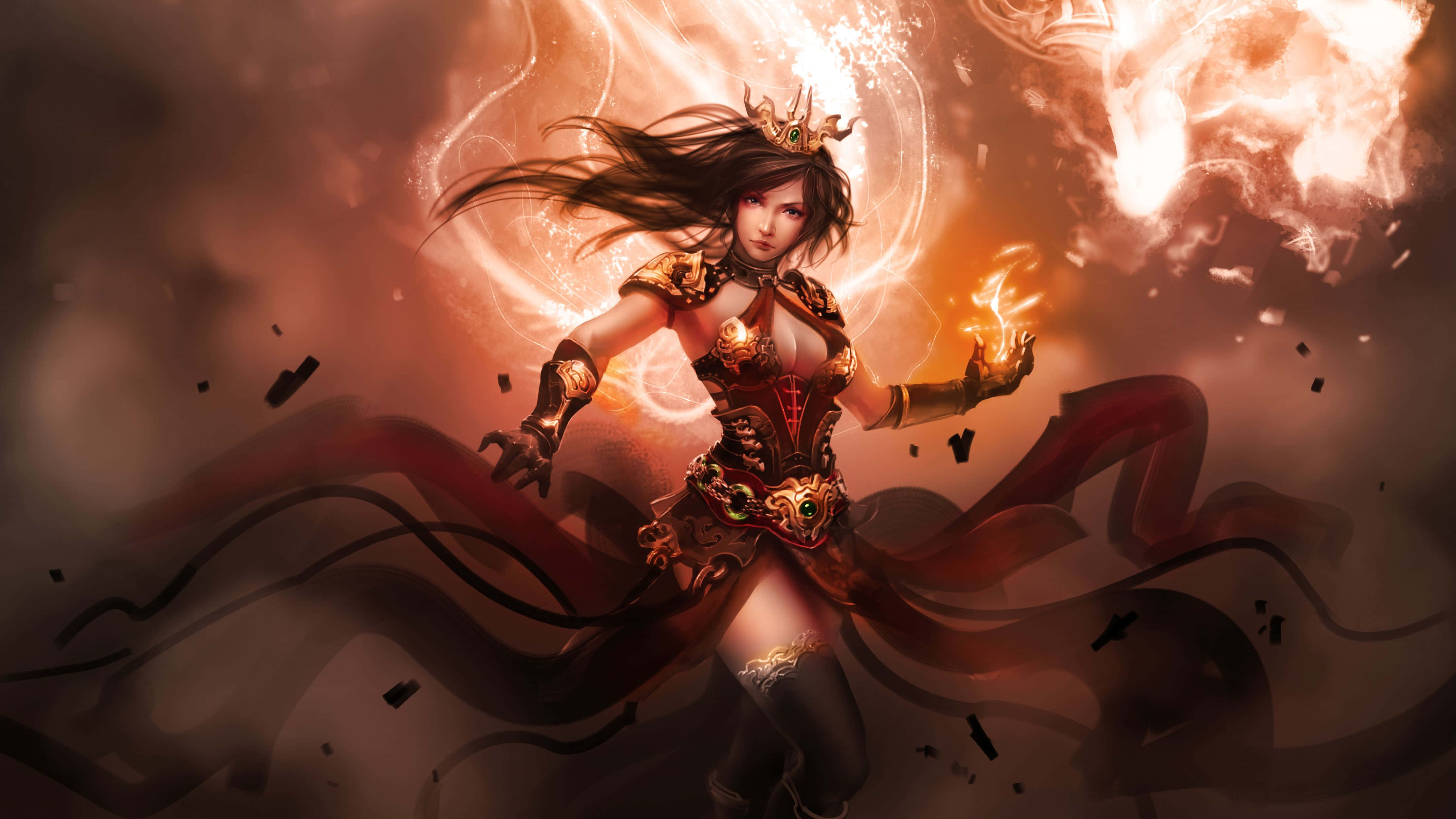 fiery crowned warrior woman, ornate armor, glowing magic, 4K Desktop Wallpaper