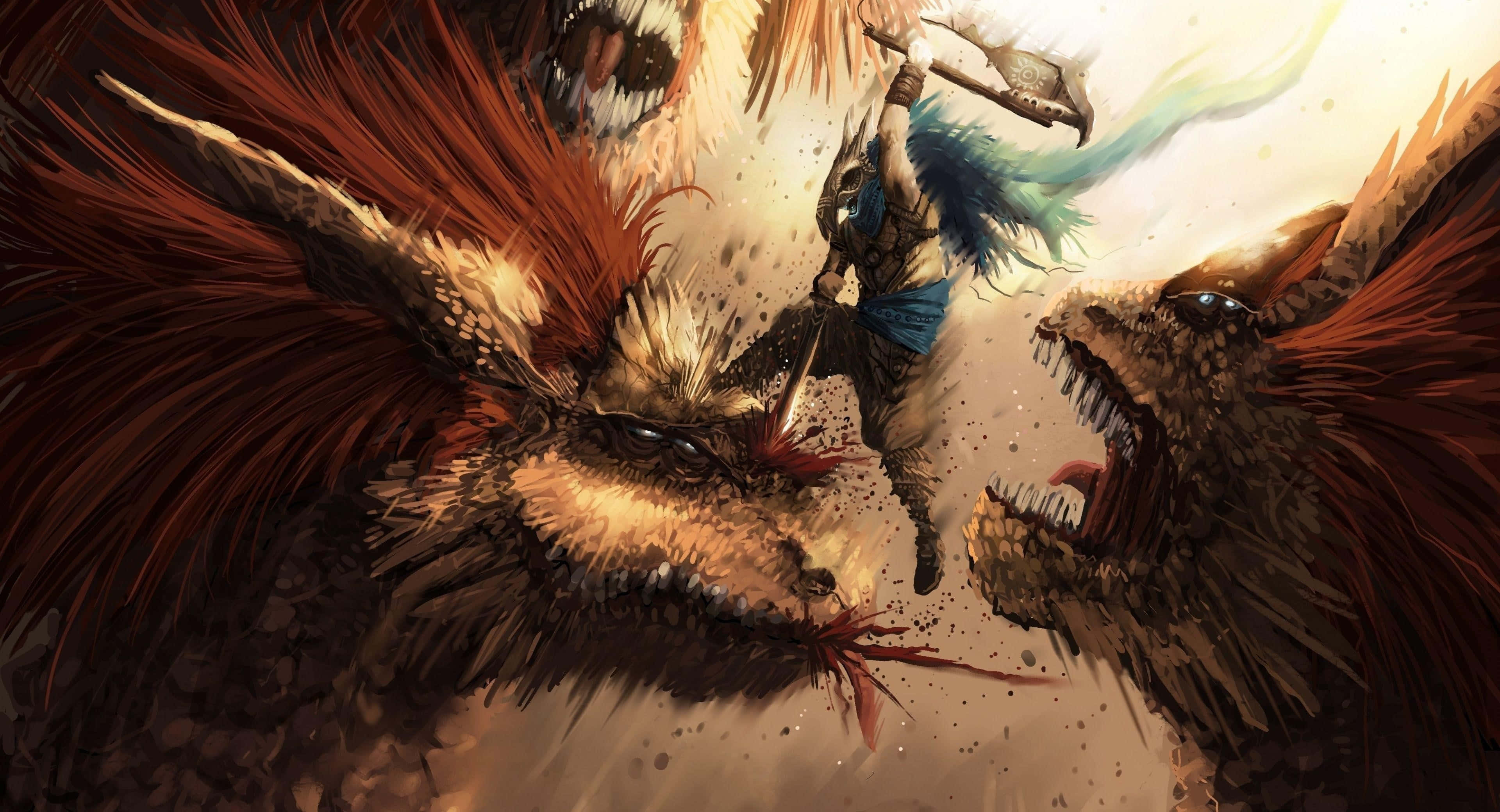 blue hair, warrior, massive roaring beasts, 4K Desktop Wallpaper