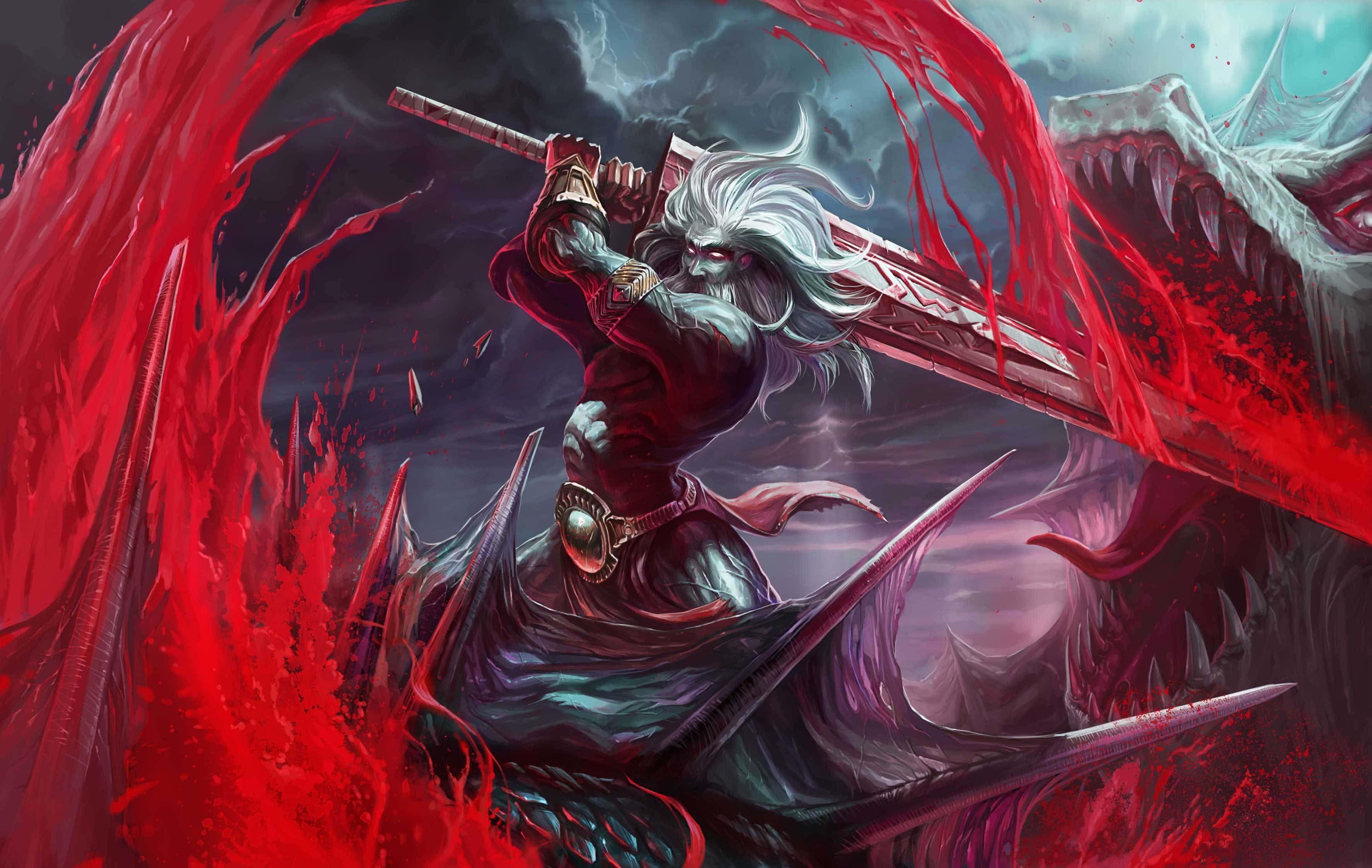 white-haired warrior, massive sword, swirling red energy, 2K Desktop Wallpaper