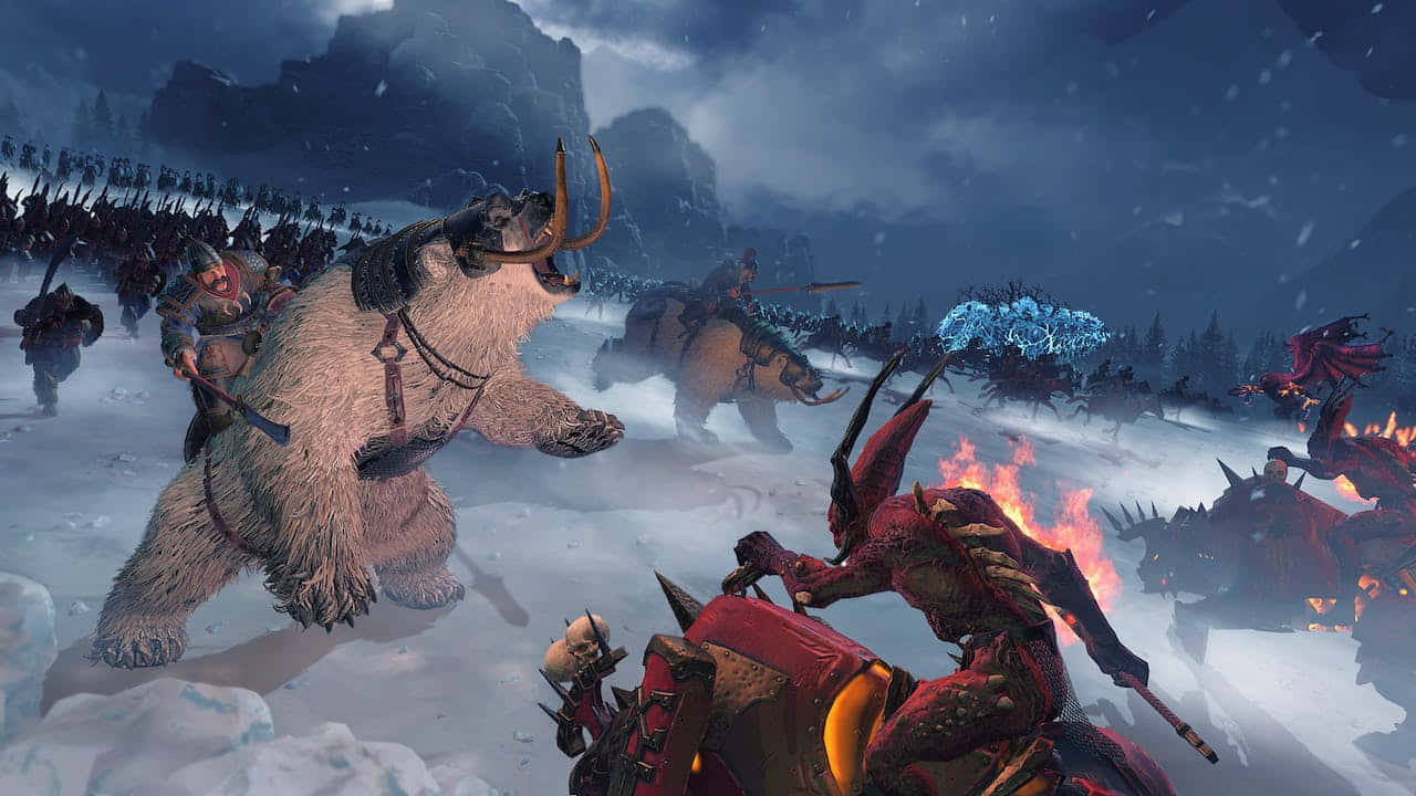 polar bear warrior, snowy battlefield, red-armored demons, HD Desktop Wallpaper