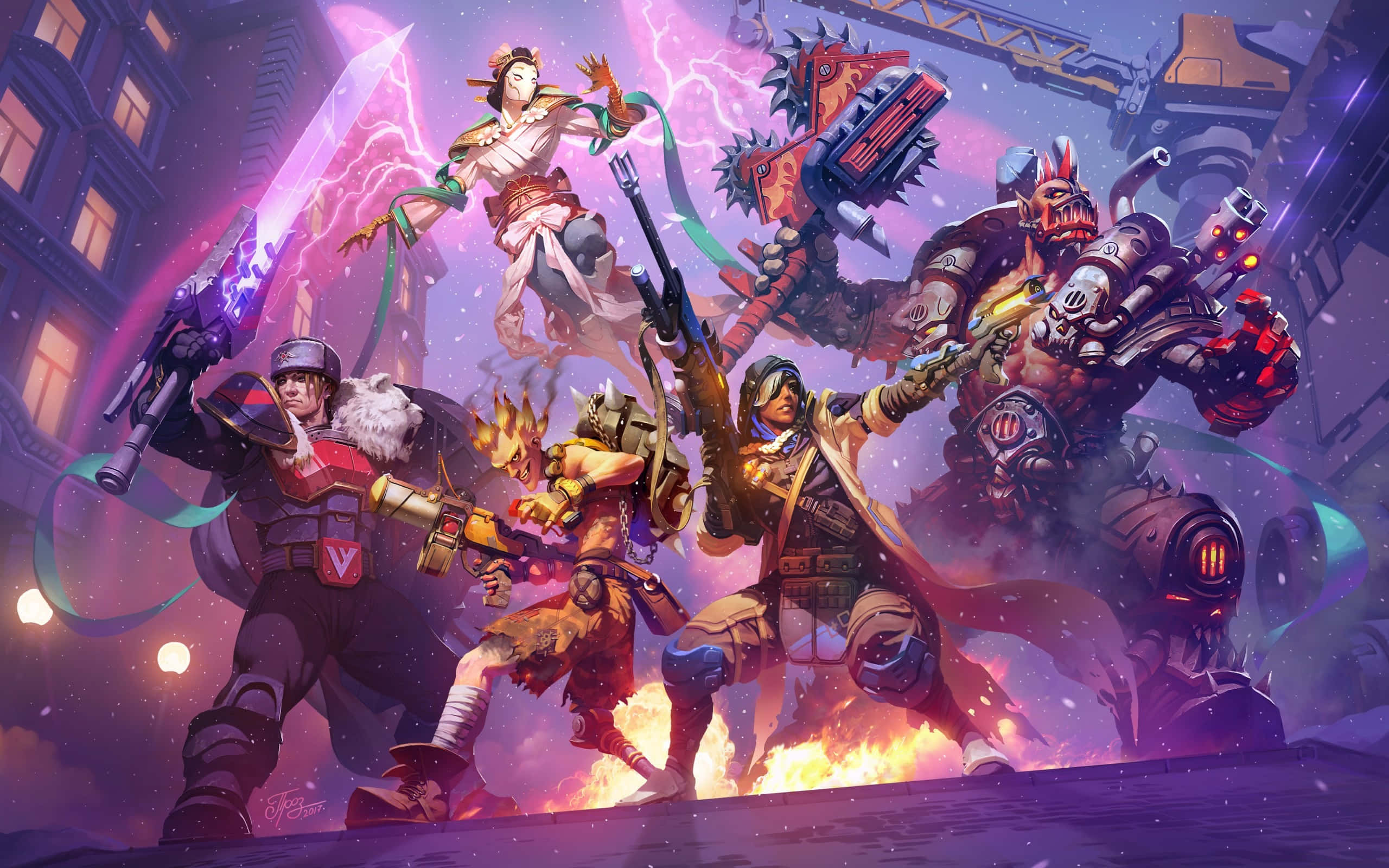 epic battle scene, fantasy characters, six armored warriors, 2K Desktop Wallpaper
