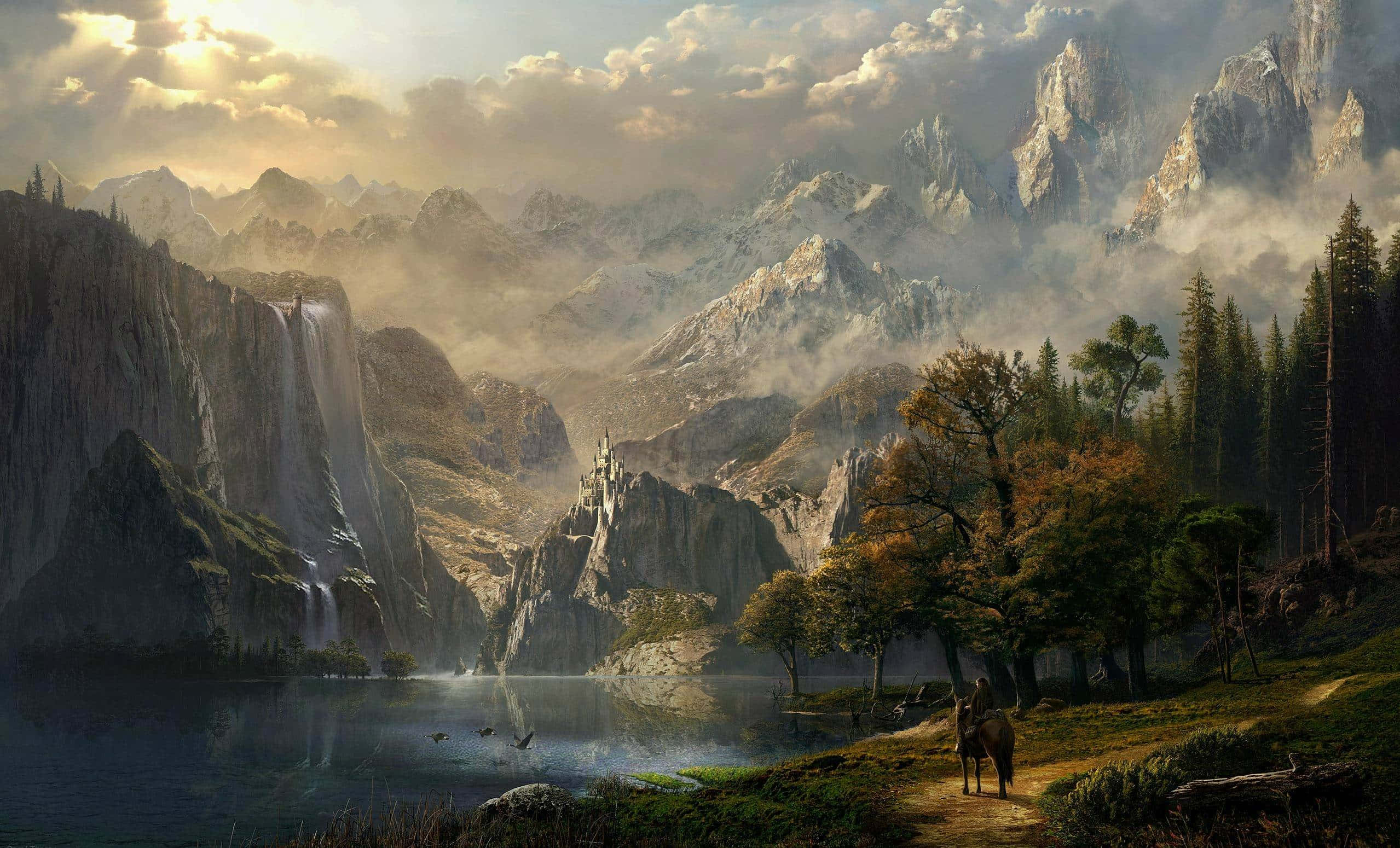 enchanted valley, fantasy landscape, lone rider, Full HD Desktop Wallpaper