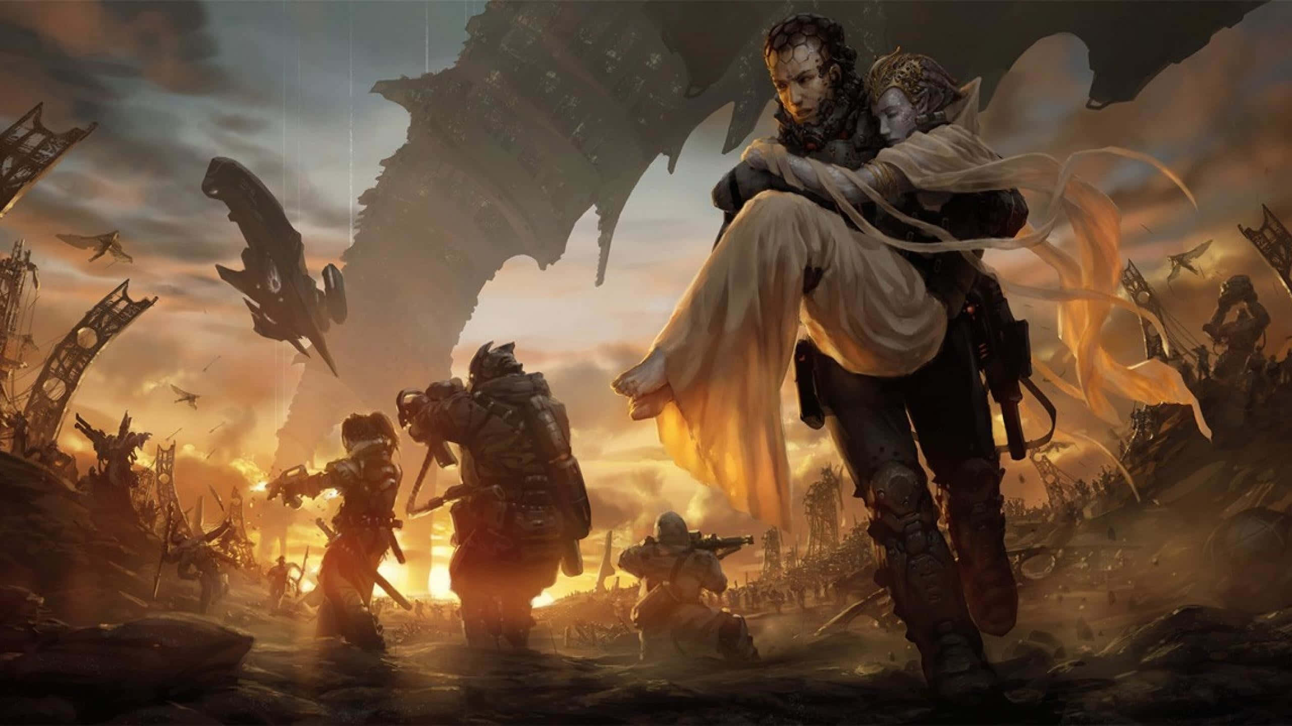 mystical warrior, heroic fantasy landscape, war-torn alien battlefield, 2K Desktop Wallpaper