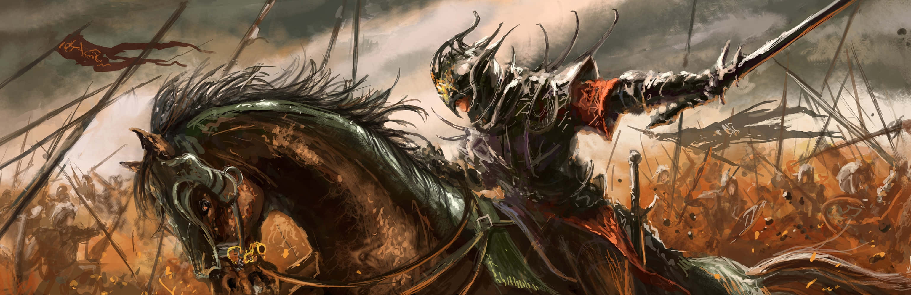 dark armored knight, rearing black horse, chaotic battlefield, 2K Desktop Wallpaper