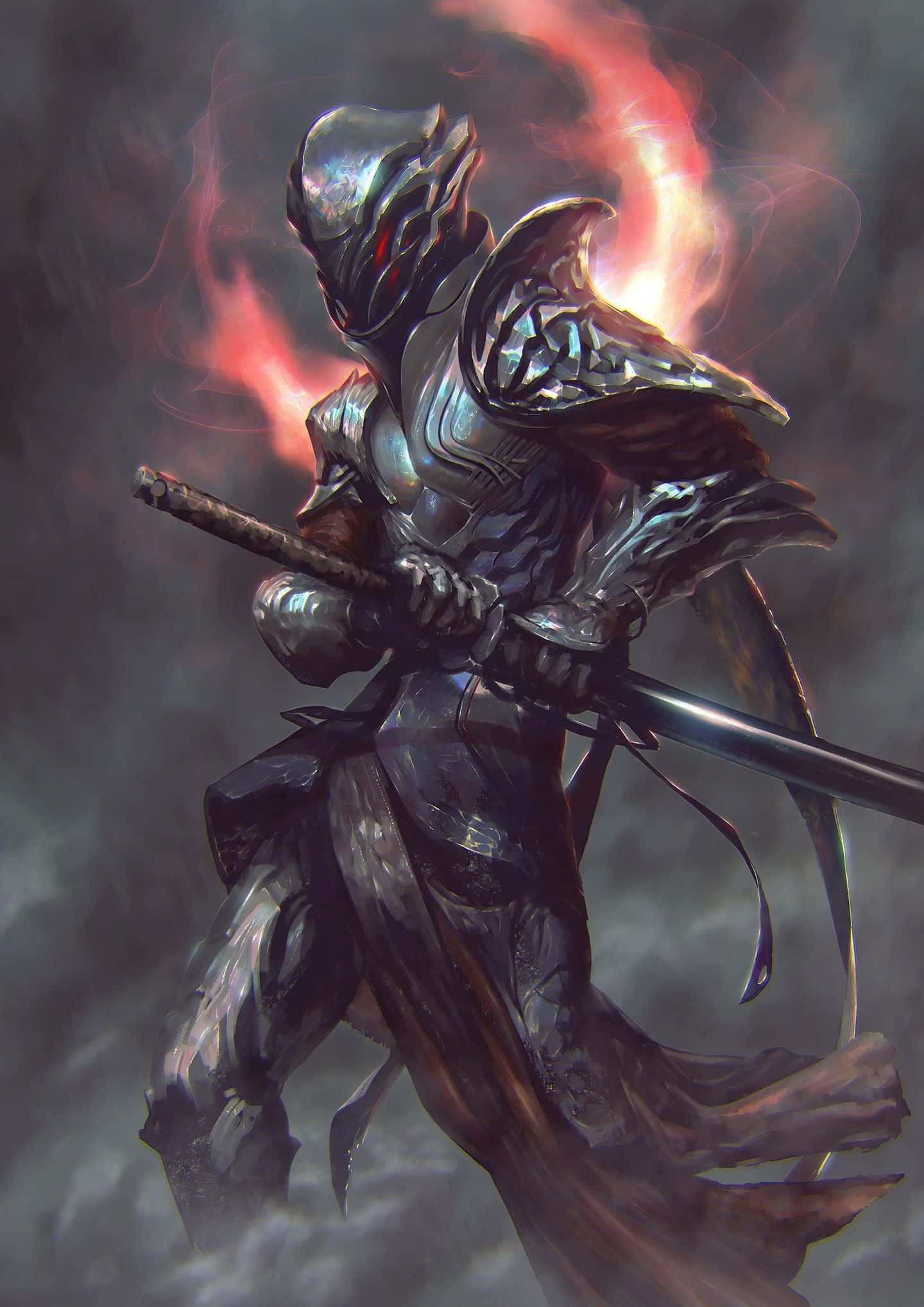 mystical warrior, glowing red eyes, sword, Full HD Phone Wallpaper
