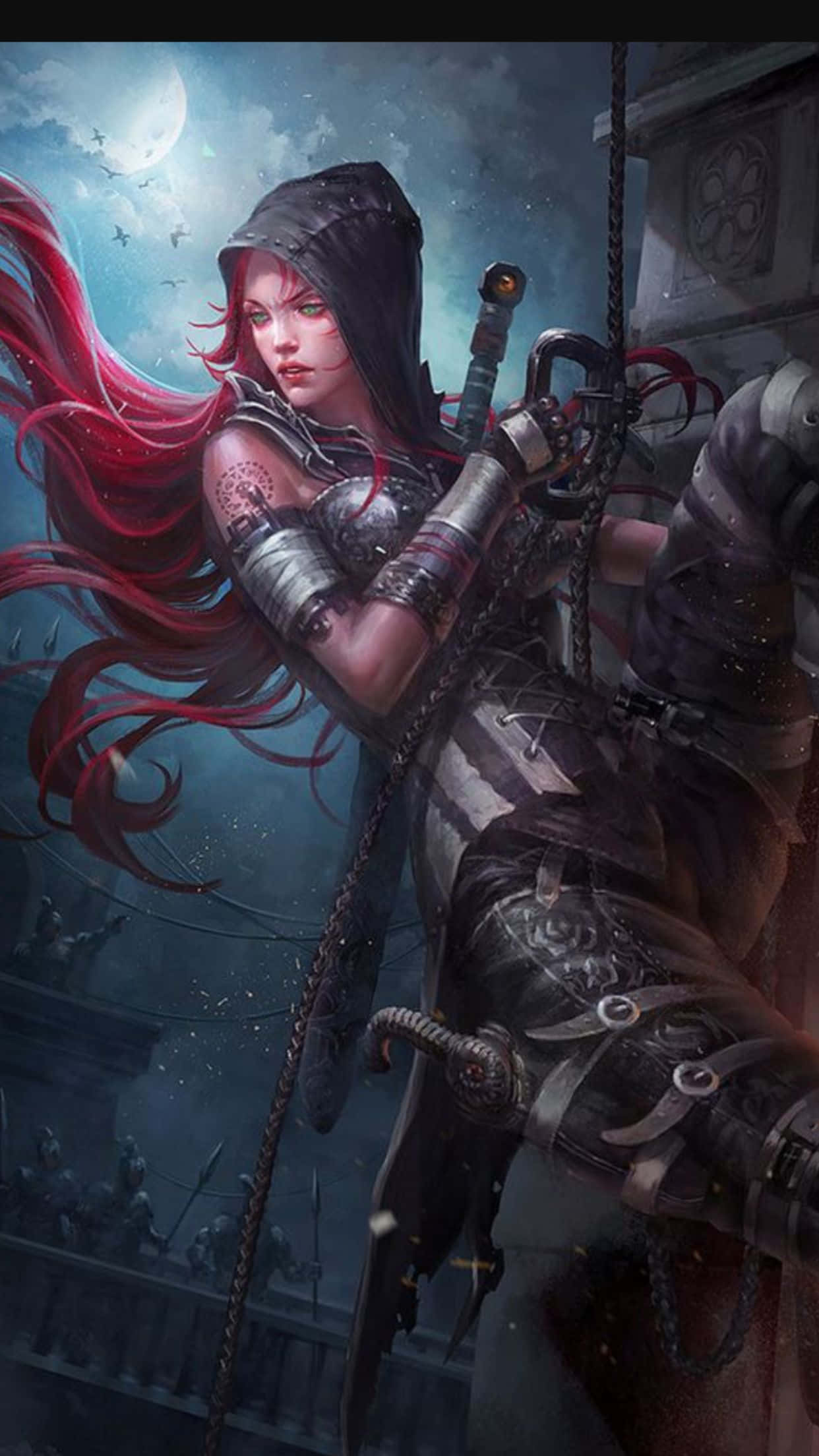 red haired rogue, hooded warrior, stone tower, Full HD Phone Wallpaper