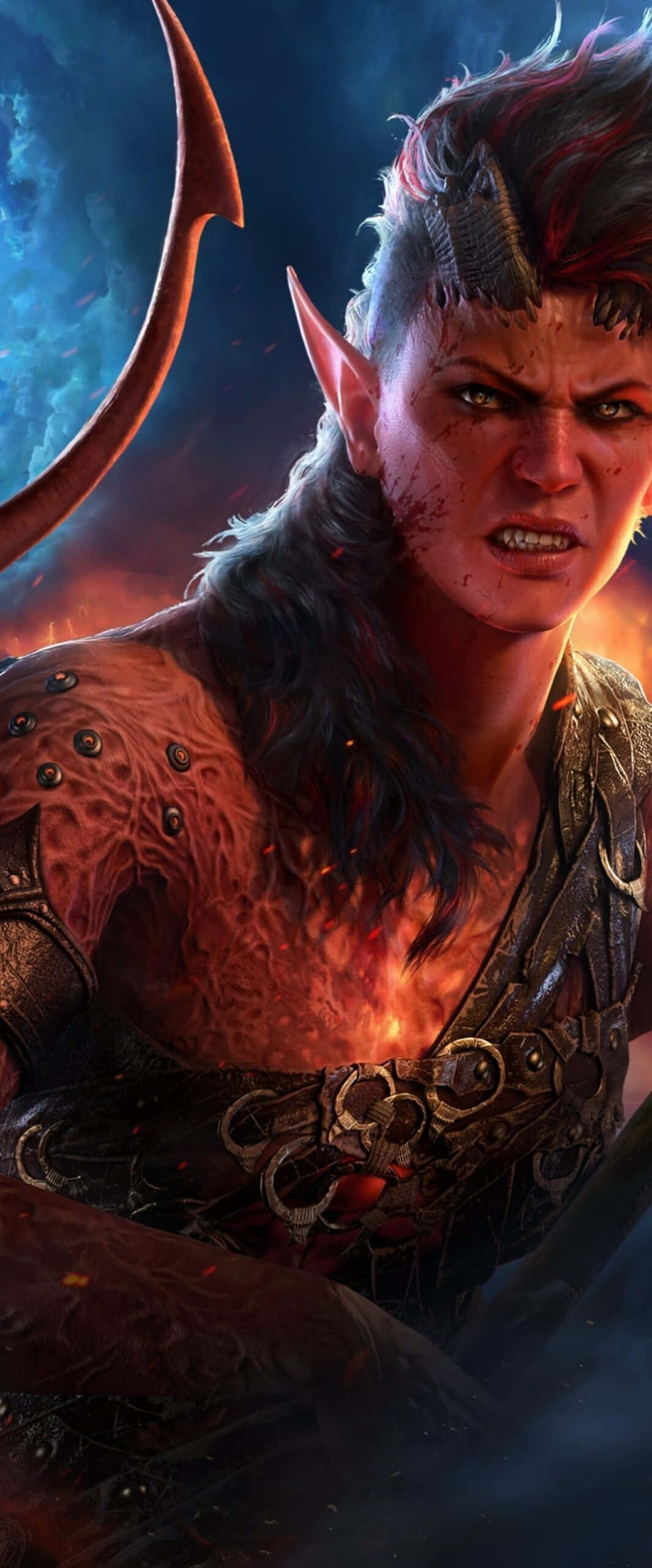 demonic warrior, fiery chest, curved horn, 2K Phone Wallpaper
