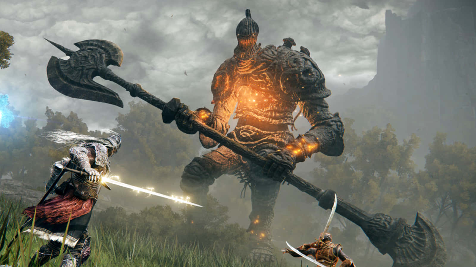 epic fantasy battle scene, tiny armored warrior, colossal glowing armored giant, HD Desktop Wallpaper