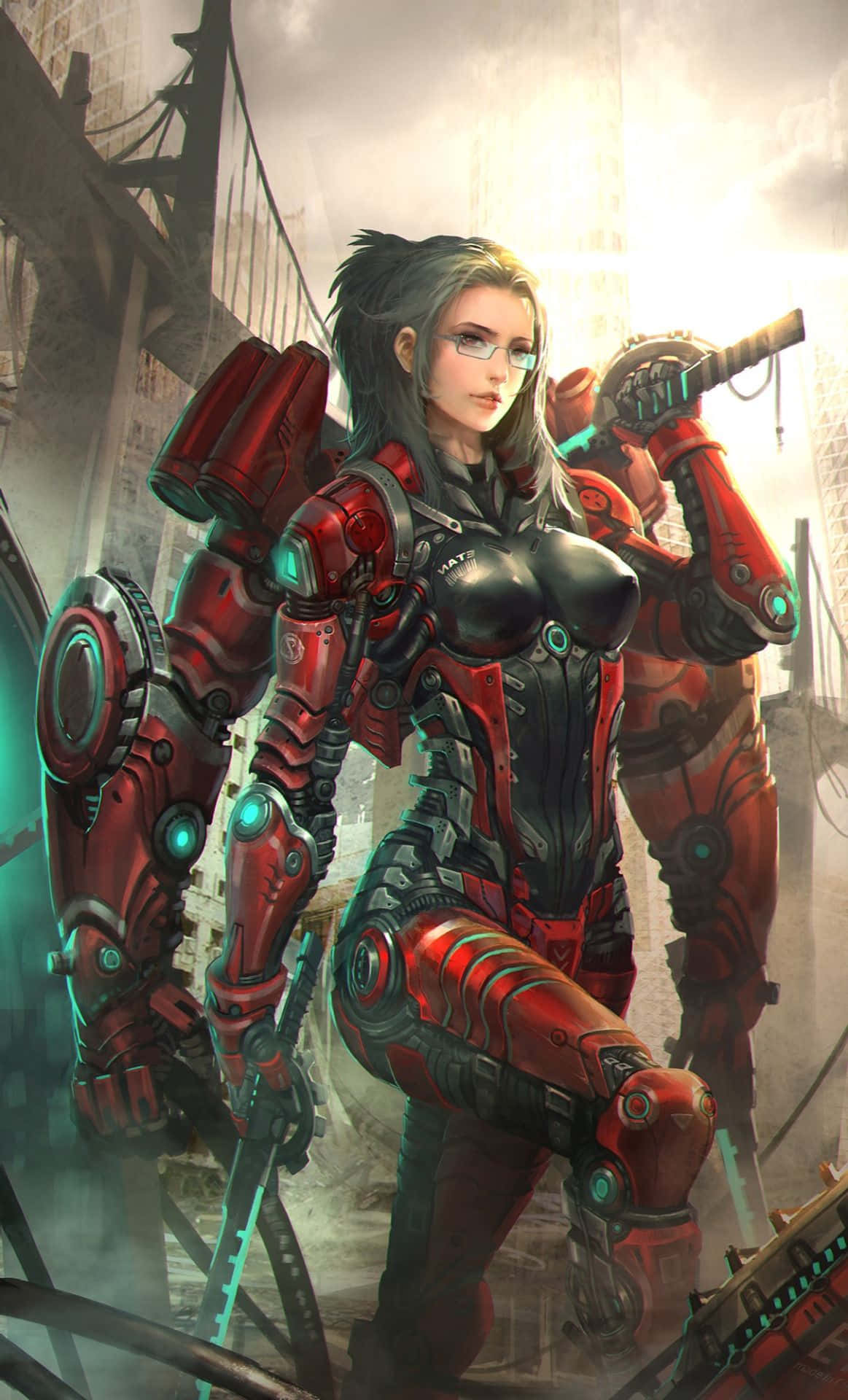 futuristic warrior, red and black armor, glowing green accents, Full HD Phone Wallpaper