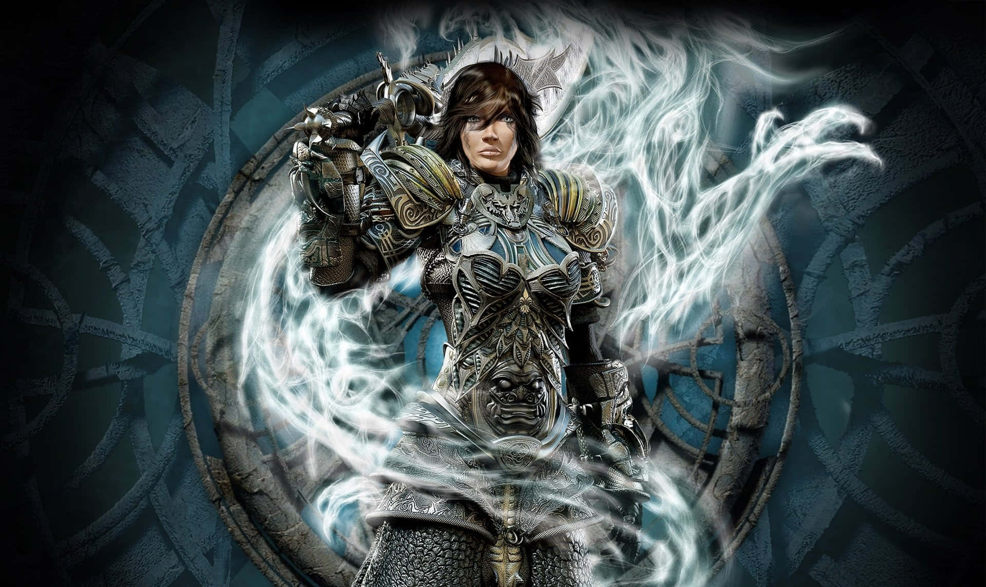 ornate armor, glowing white energy, circular stone portal, Full HD Desktop Wallpaper