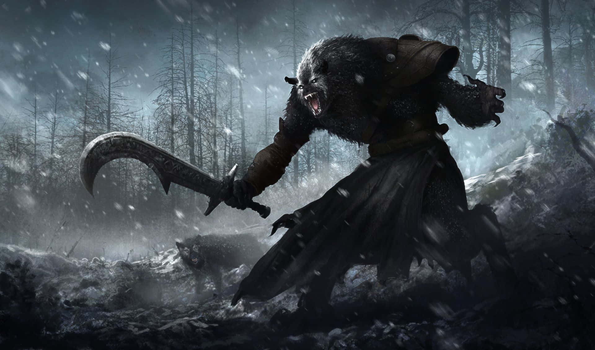 ferocious werewolf, snowy forest, falling snow, Full HD Desktop Wallpaper