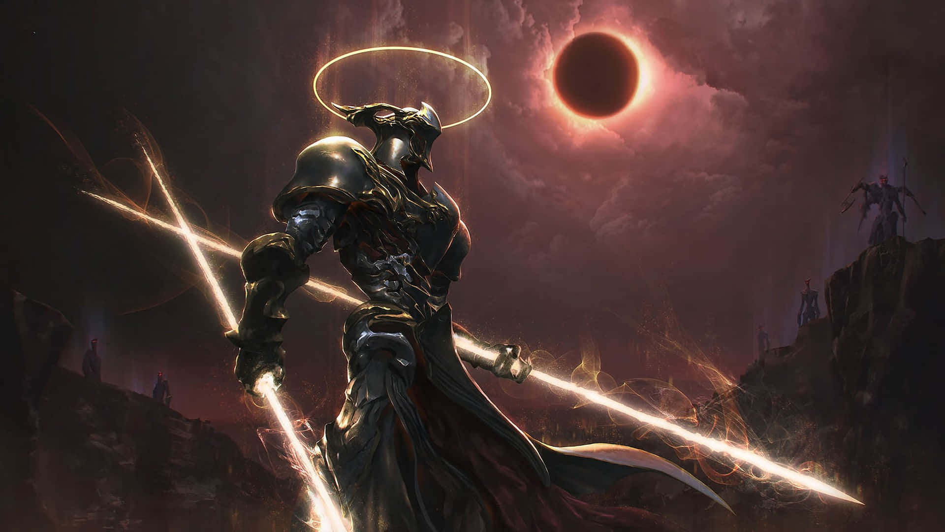 dark-armored warrior, glowing halo, radiant swords, Full HD Desktop Wallpaper
