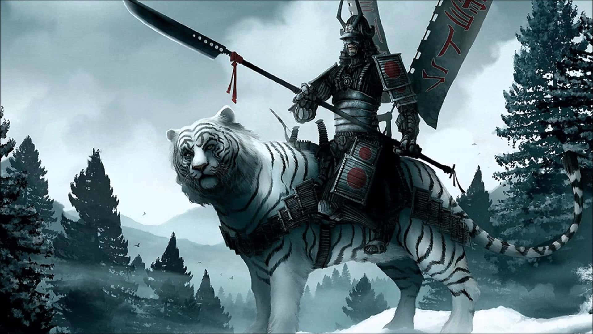 samurai warrior, white tiger, snowy forest, Full HD Desktop Wallpaper
