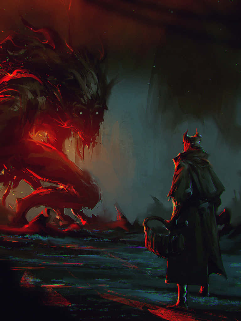 hooded figure, massive red glowing demonic beast, dark cavernous space, SD Phone Wallpaper
