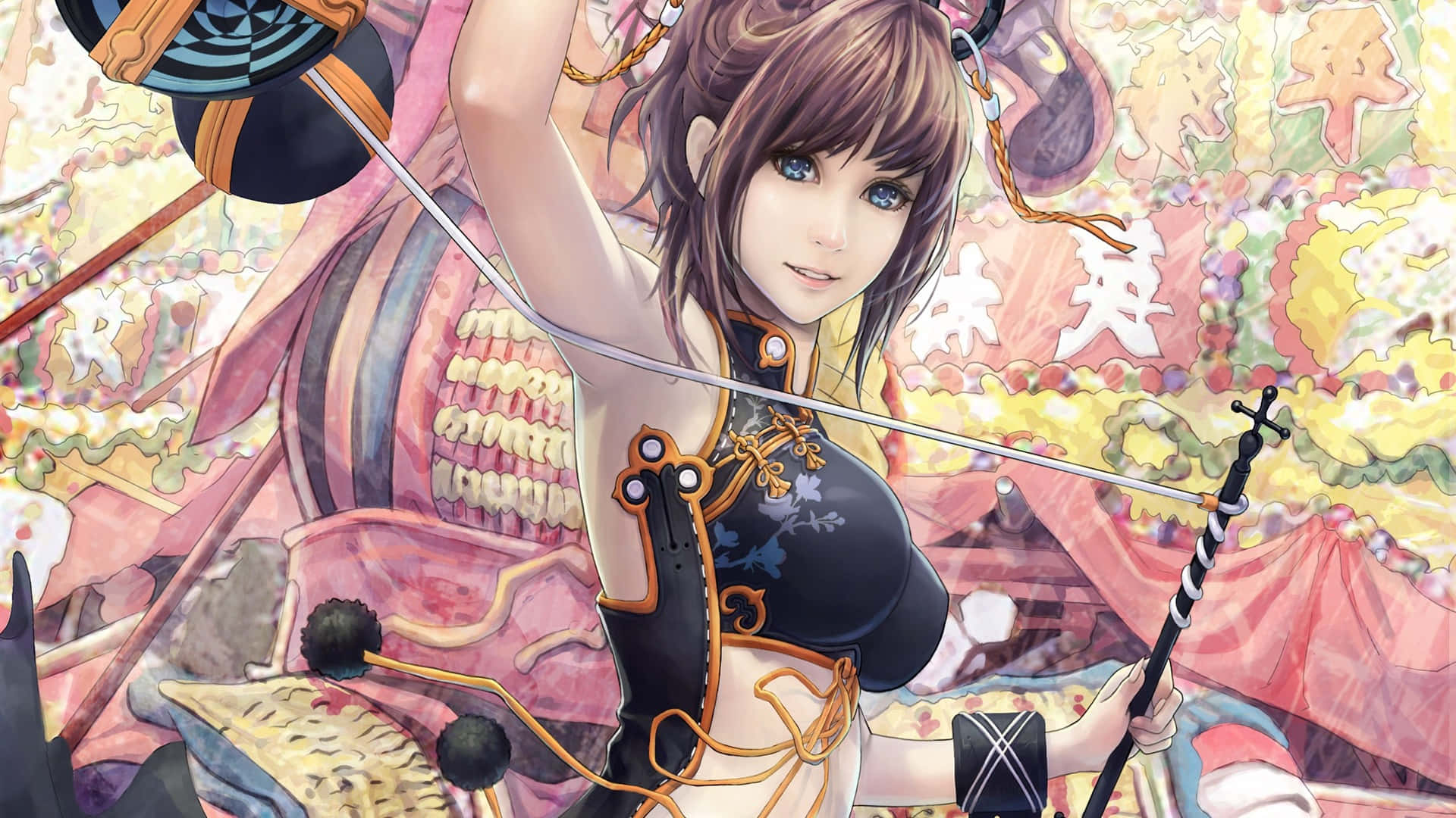 fantasy warriors, anime girl, brown hair, Full HD Desktop Wallpaper