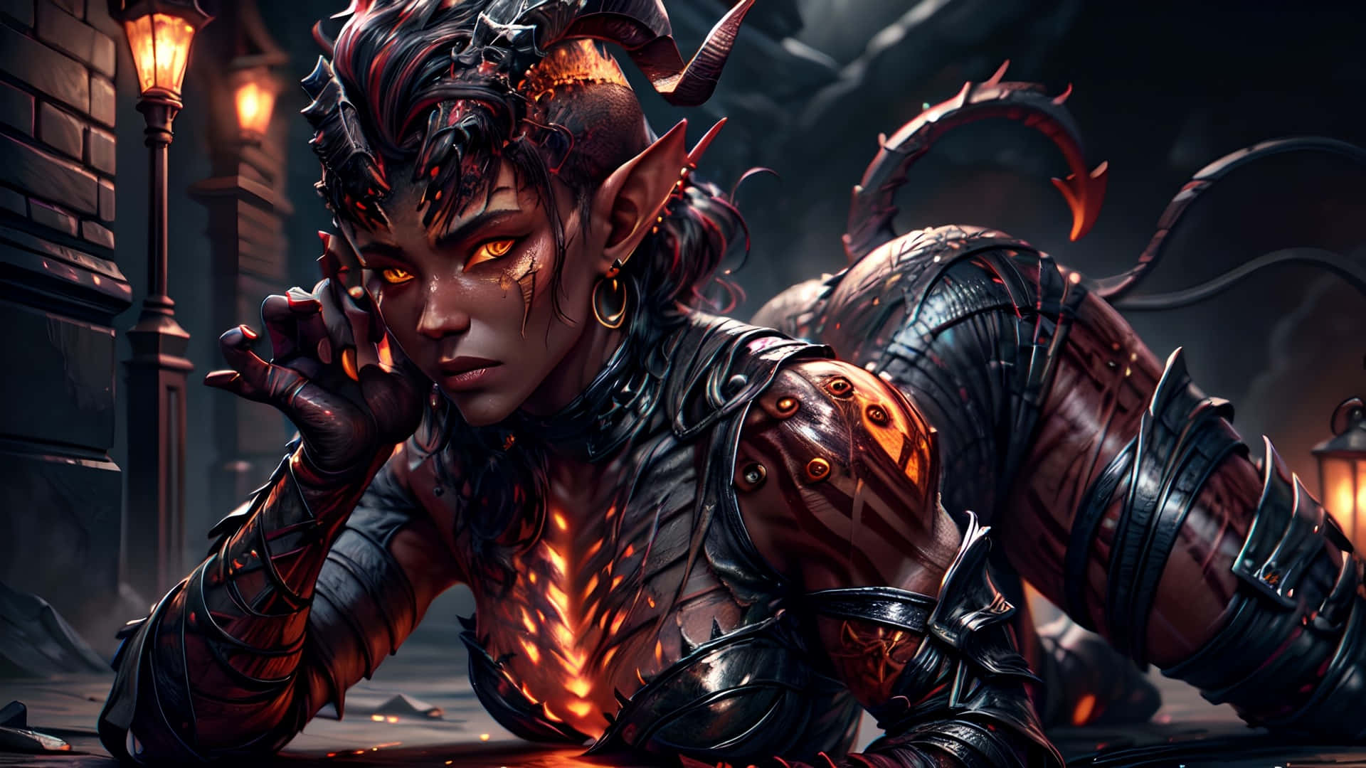 demonic female warrior, glowing orange eyes, fiery tattoos, Full HD Desktop Wallpaper