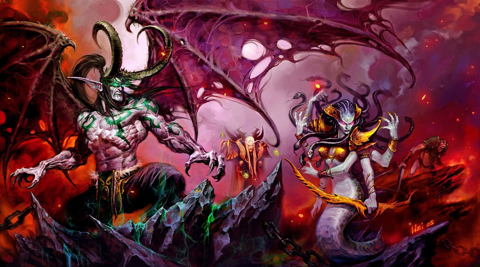 horned demon, green glowing veins, multi-armed serpent woman, Full HD Desktop Wallpaper