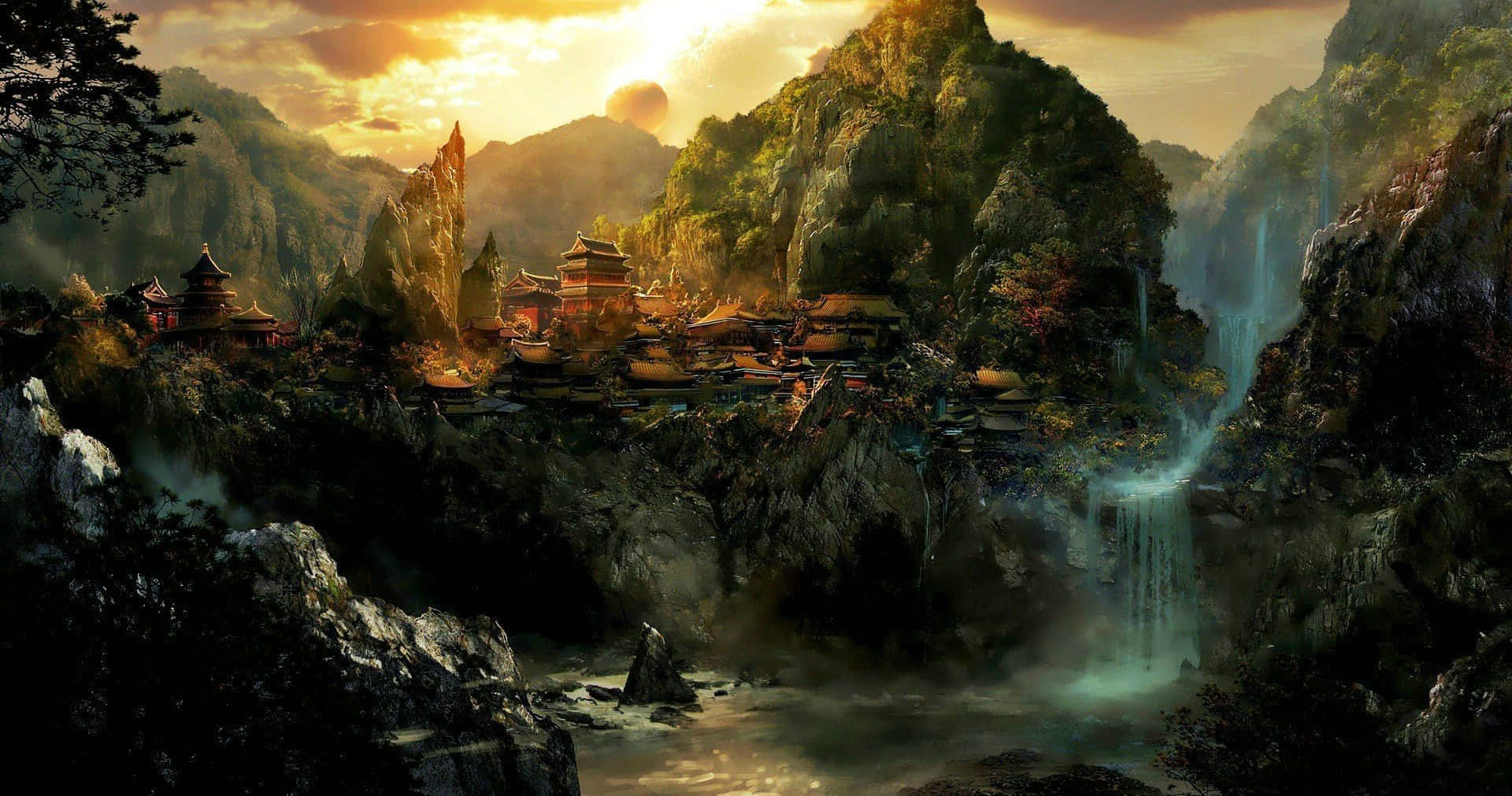 mystical mountain village, valley, cascading waterfalls, Full HD Desktop Wallpaper
