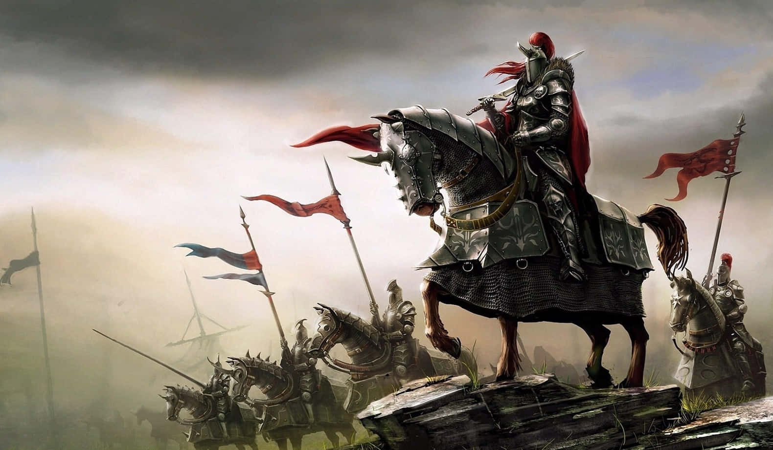 knight in full armor, armored horse, rocky outcrop, HD Desktop Wallpaper