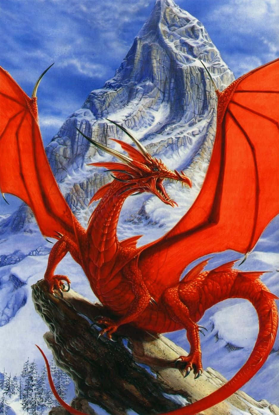 red dragon, snowy mountain peak, blue sky, HD Phone Wallpaper