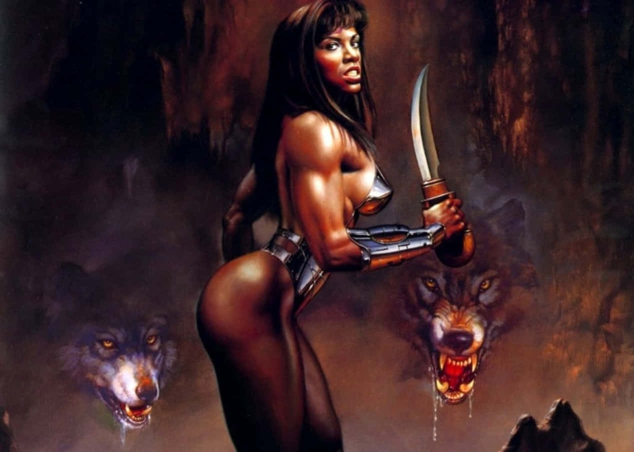 Warrior Woman, wolves, curved blade, SD Desktop Wallpaper