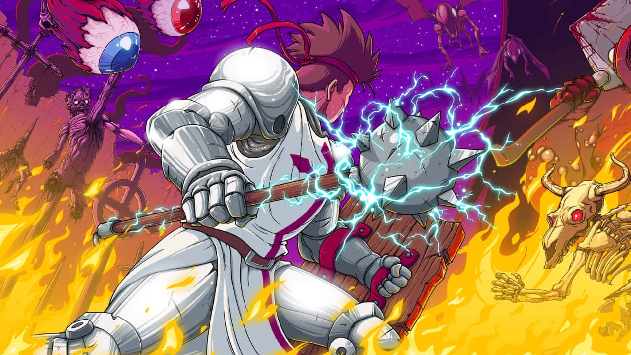 knight in white armor, spiked mace, fiery explosions, HD Desktop Wallpaper