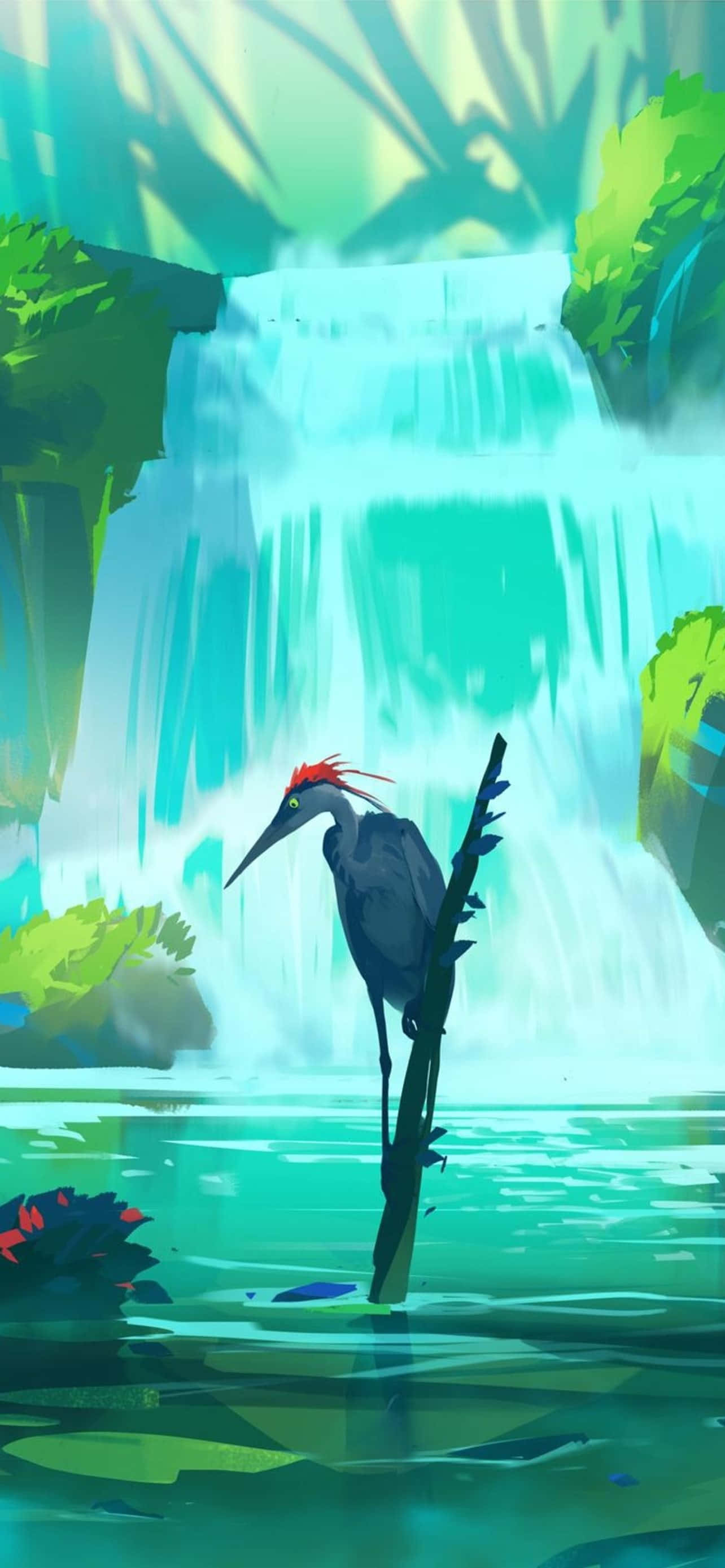 grey heron, red crest, turquoise waterfall, 2K Phone Wallpaper