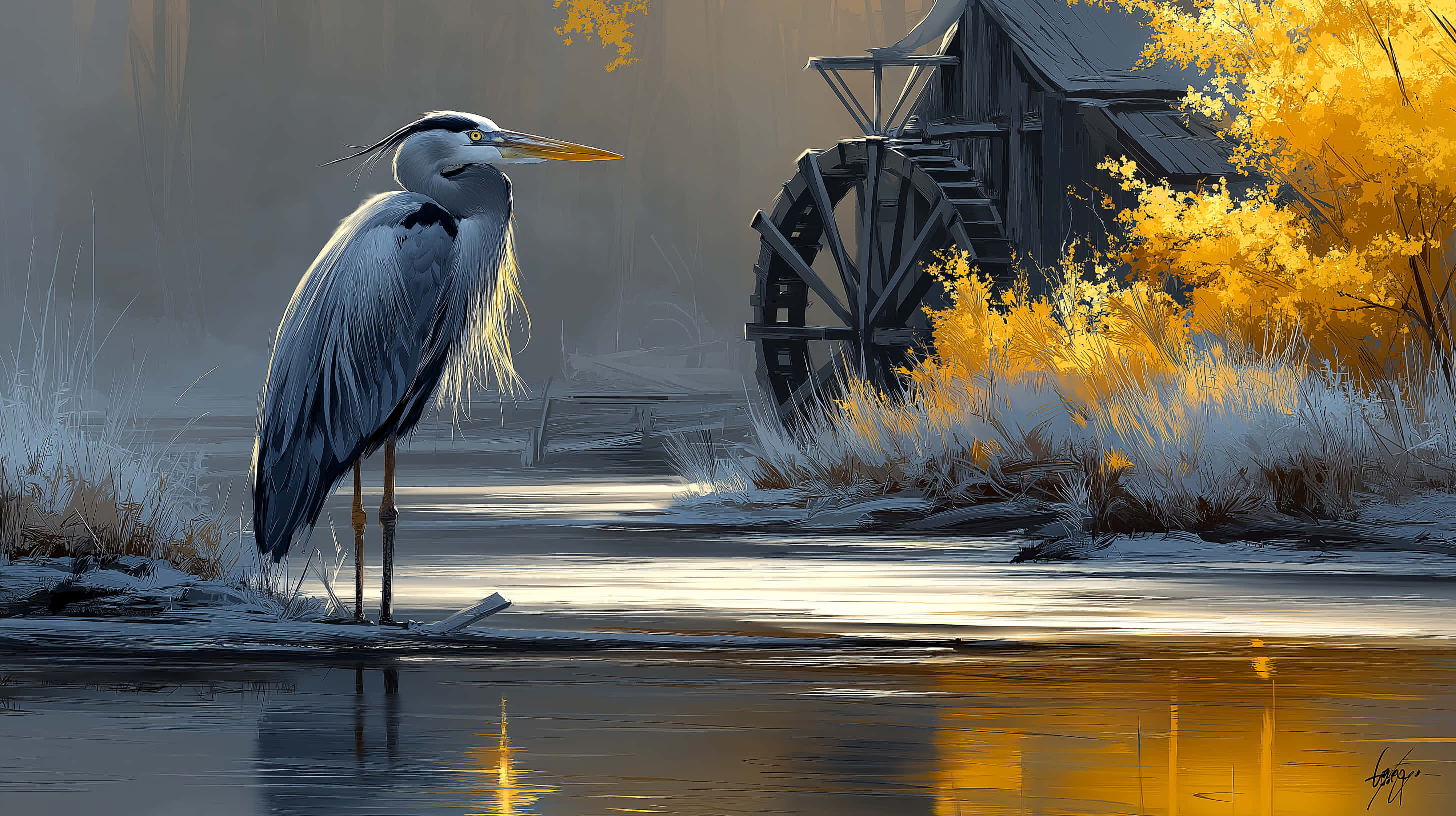 grey heron, rustic wooden watermill, golden autumn foliage, 2K Desktop Wallpaper