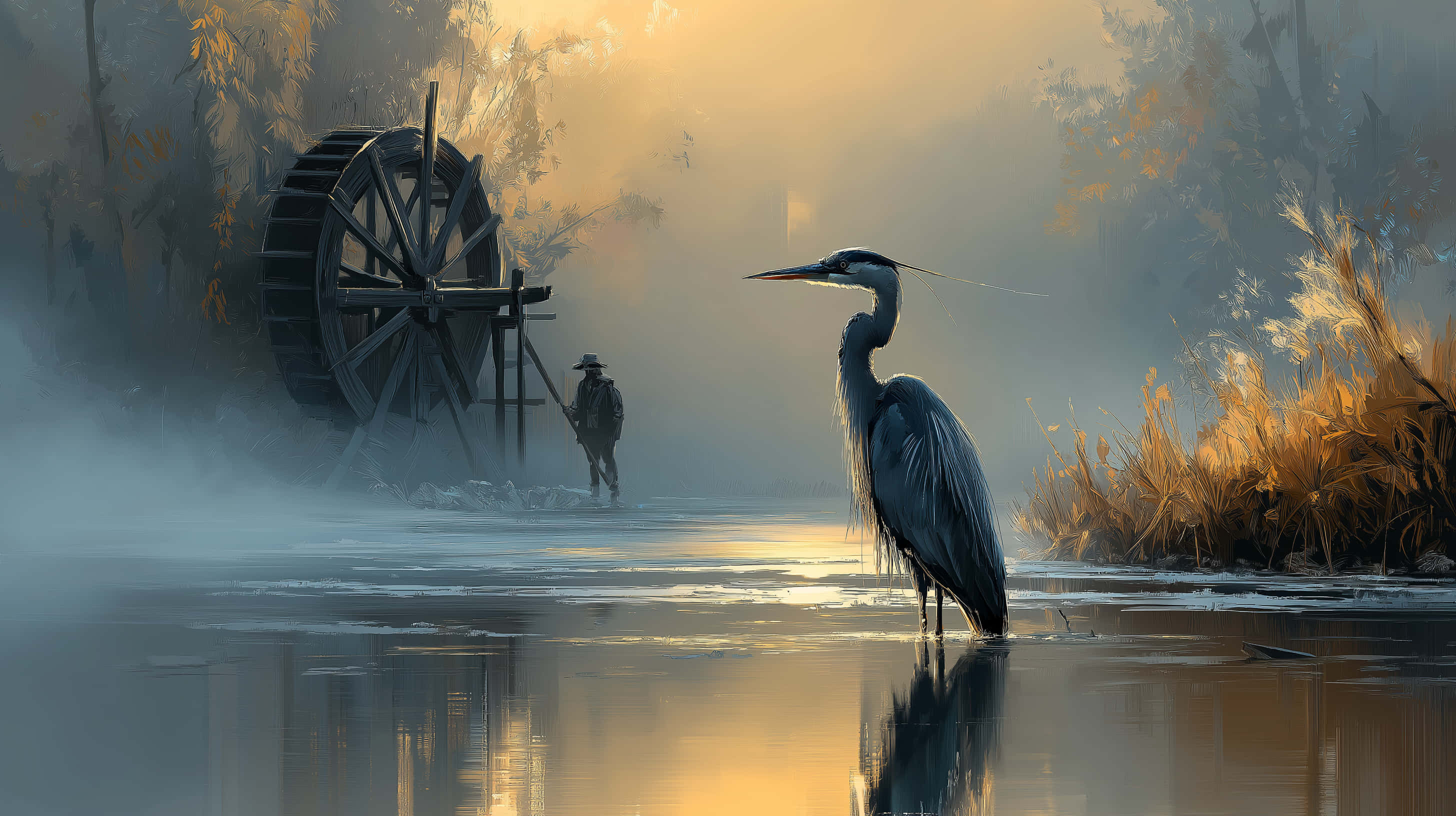 Heron, misty waters, distant figure, 2K Desktop Wallpaper